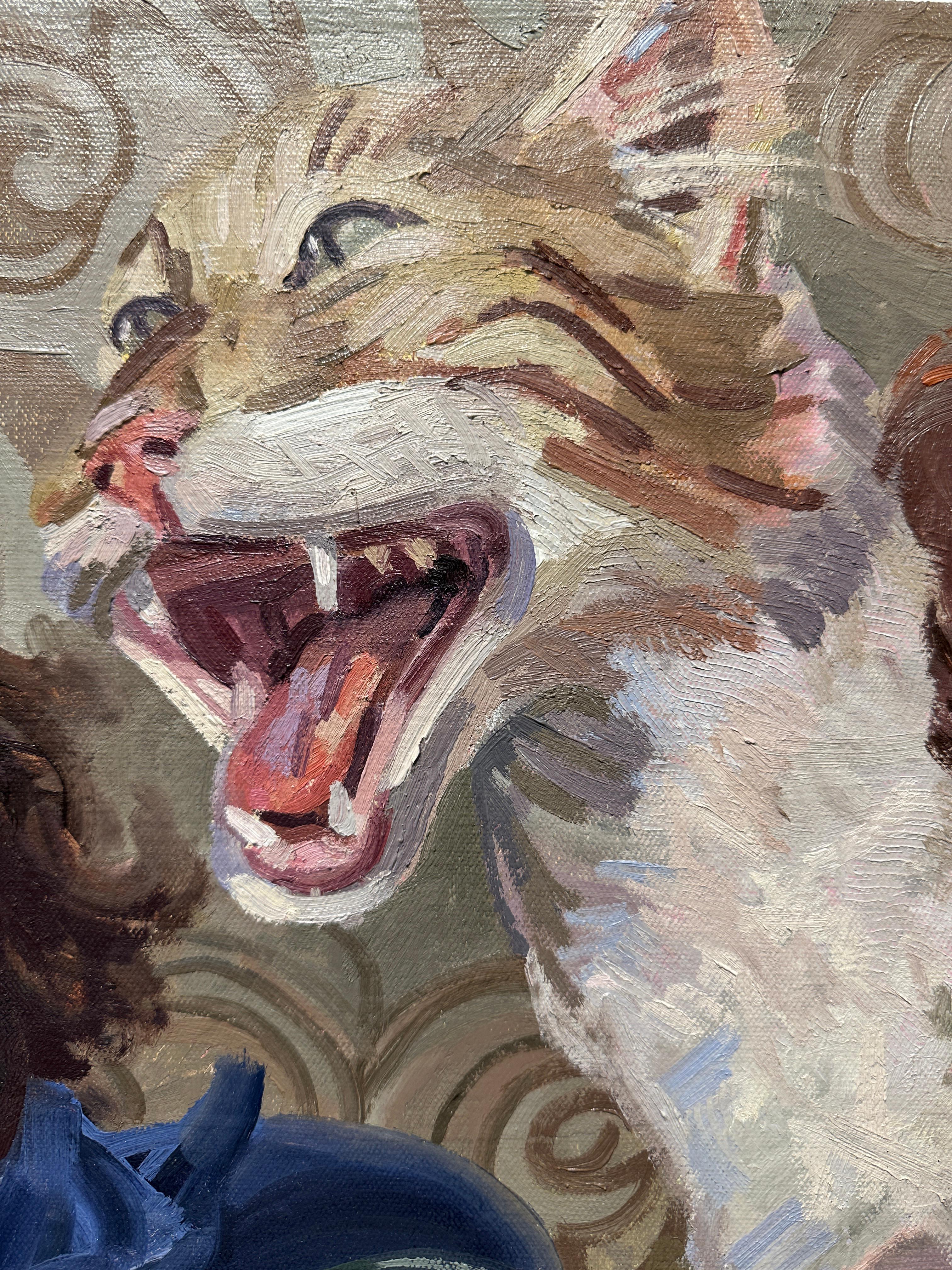 Huile d'origine représentant des chats riant et des femmes bien habillées - Painting de Benjamin Duke