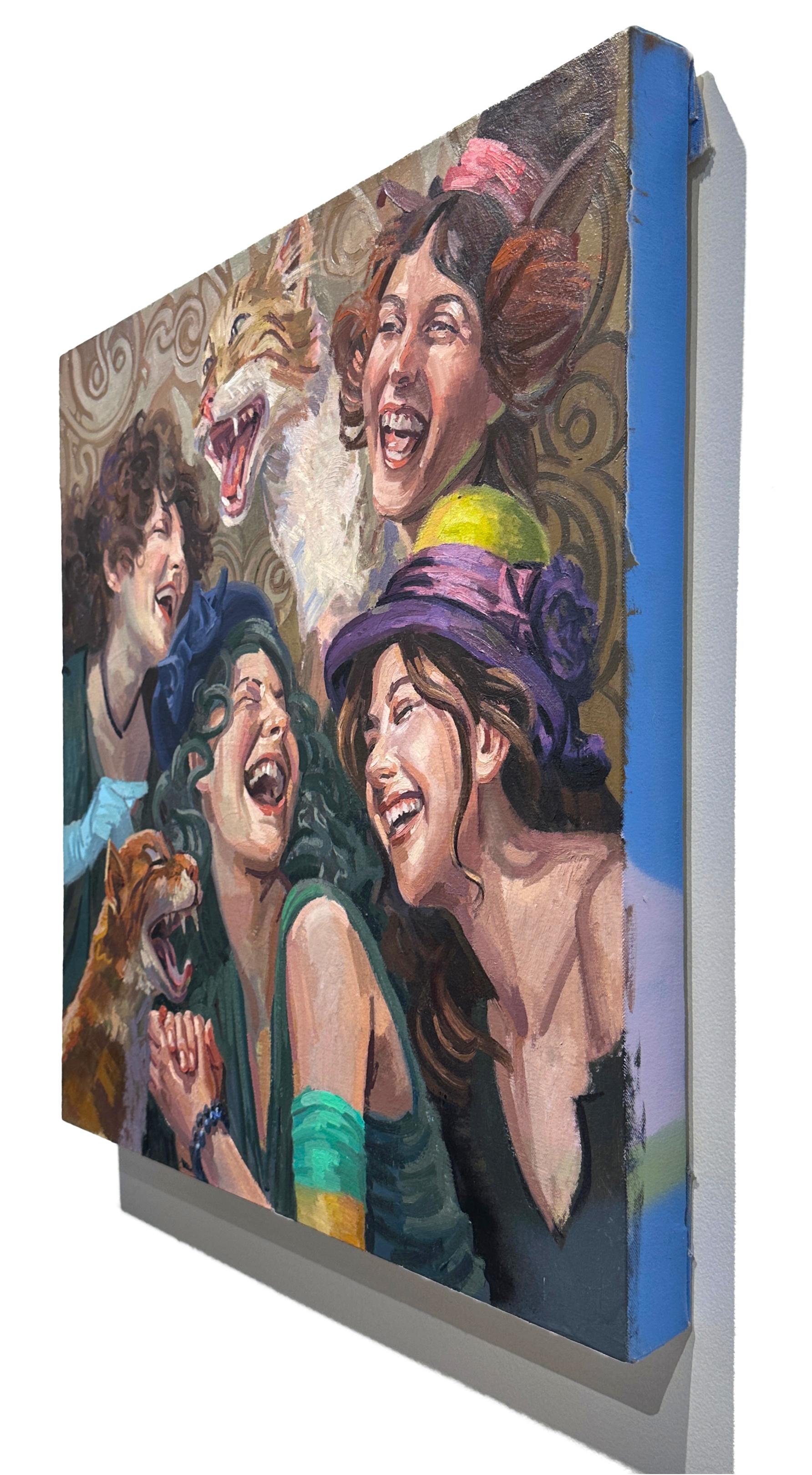 Gatti isterici - Scena con gatti che ridono e donne ben vestite, olio originale 2