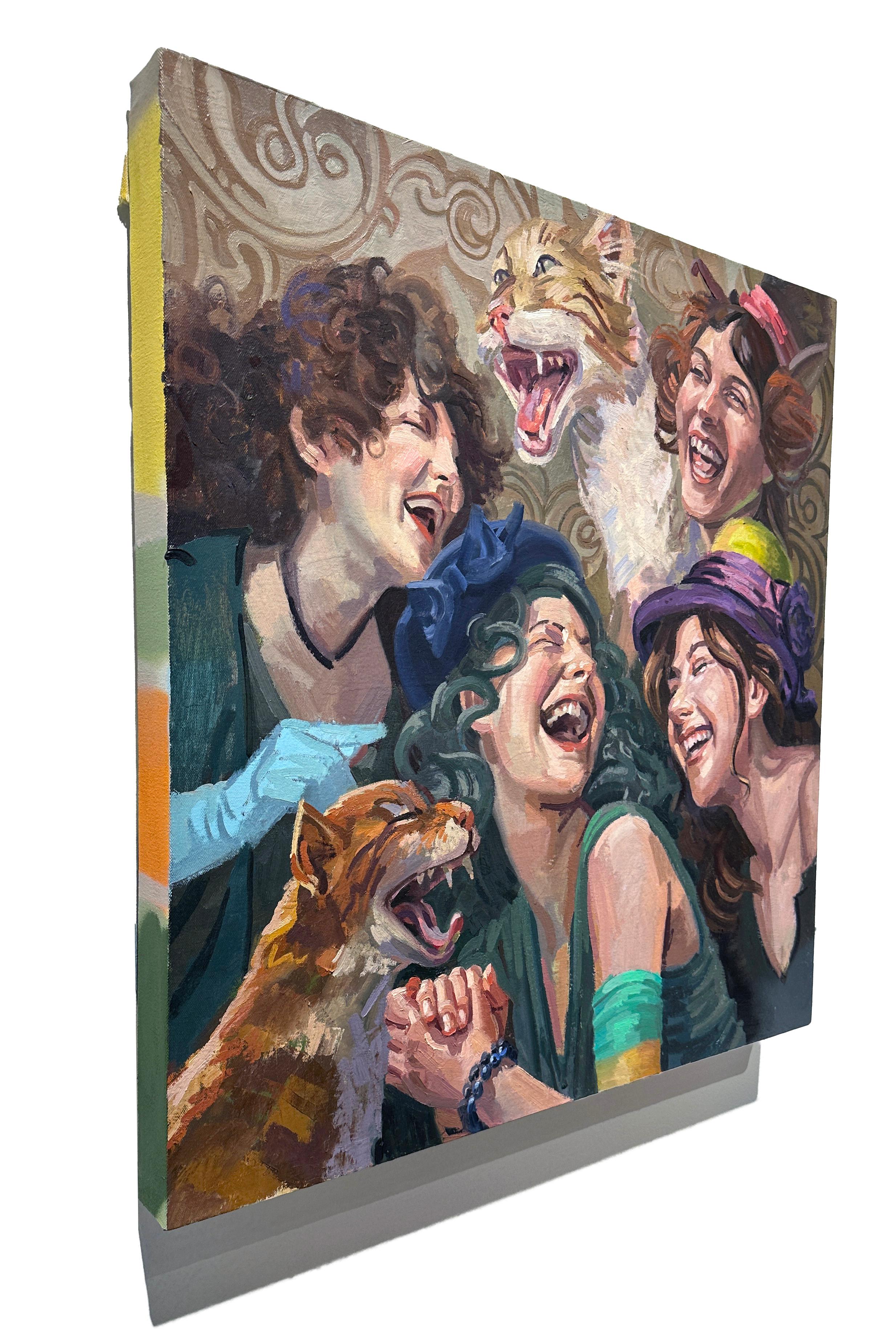 Hysterical Kats - Szene mit lachenden Katzen und gut gekleideten Frauen, Original Öl im Angebot 5