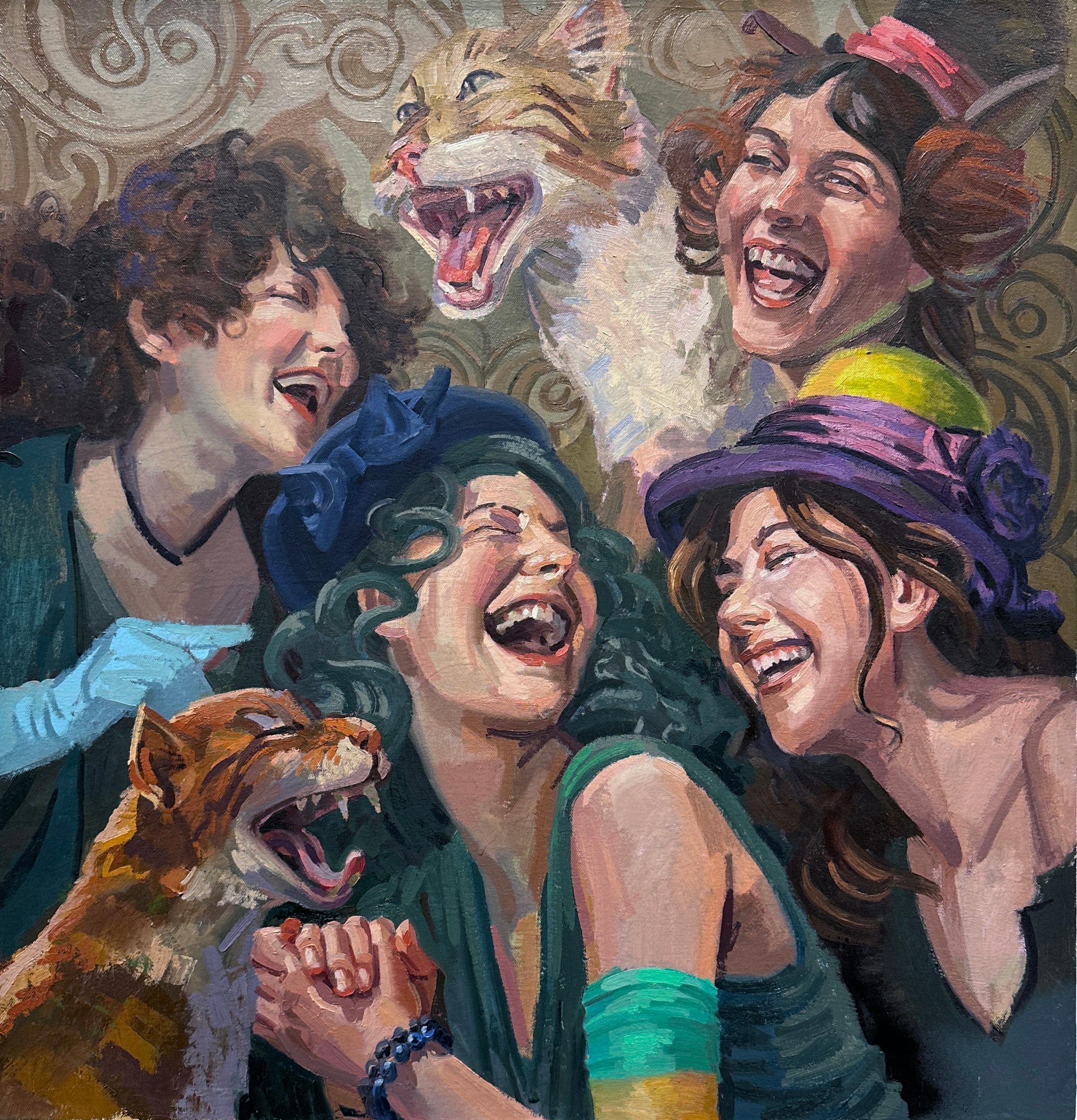 Benjamin Duke Figurative Painting – Hysterical Kats - Szene mit lachenden Katzen und gut gekleideten Frauen, Original Öl