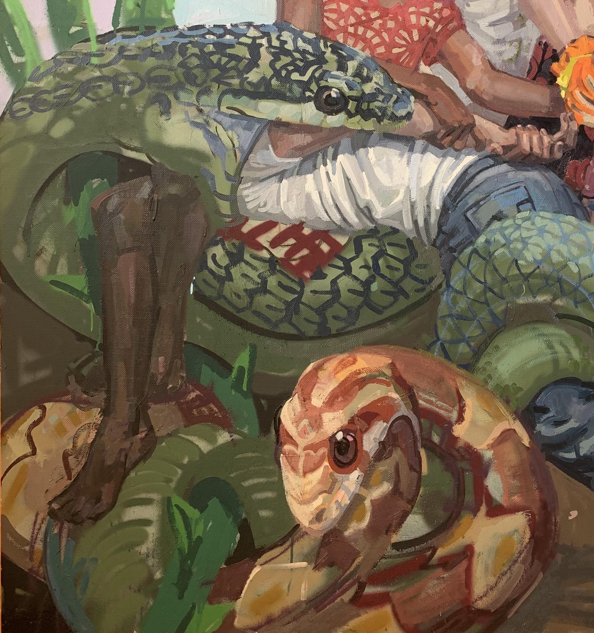Ouroboros - Scène surréaliste colorée avec serpents et personnages, huile d'origine 2