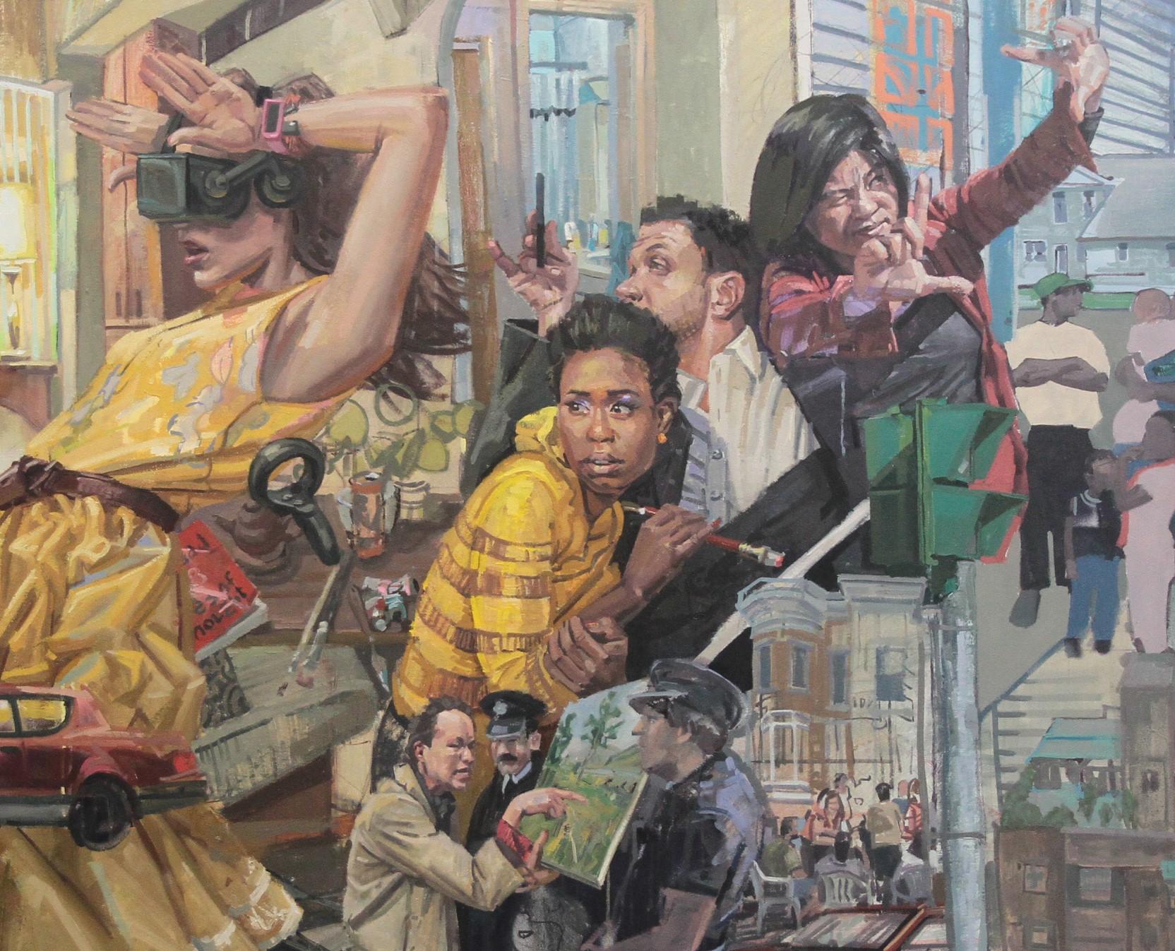 Il Vangelo - Scena urbana surreale a colori vivaci di grandi dimensioni, olio originale su tela 1