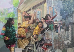 El Evangelio - Escena urbana surrealista de colores vivos a gran escala, Óleo original sobre lienzo