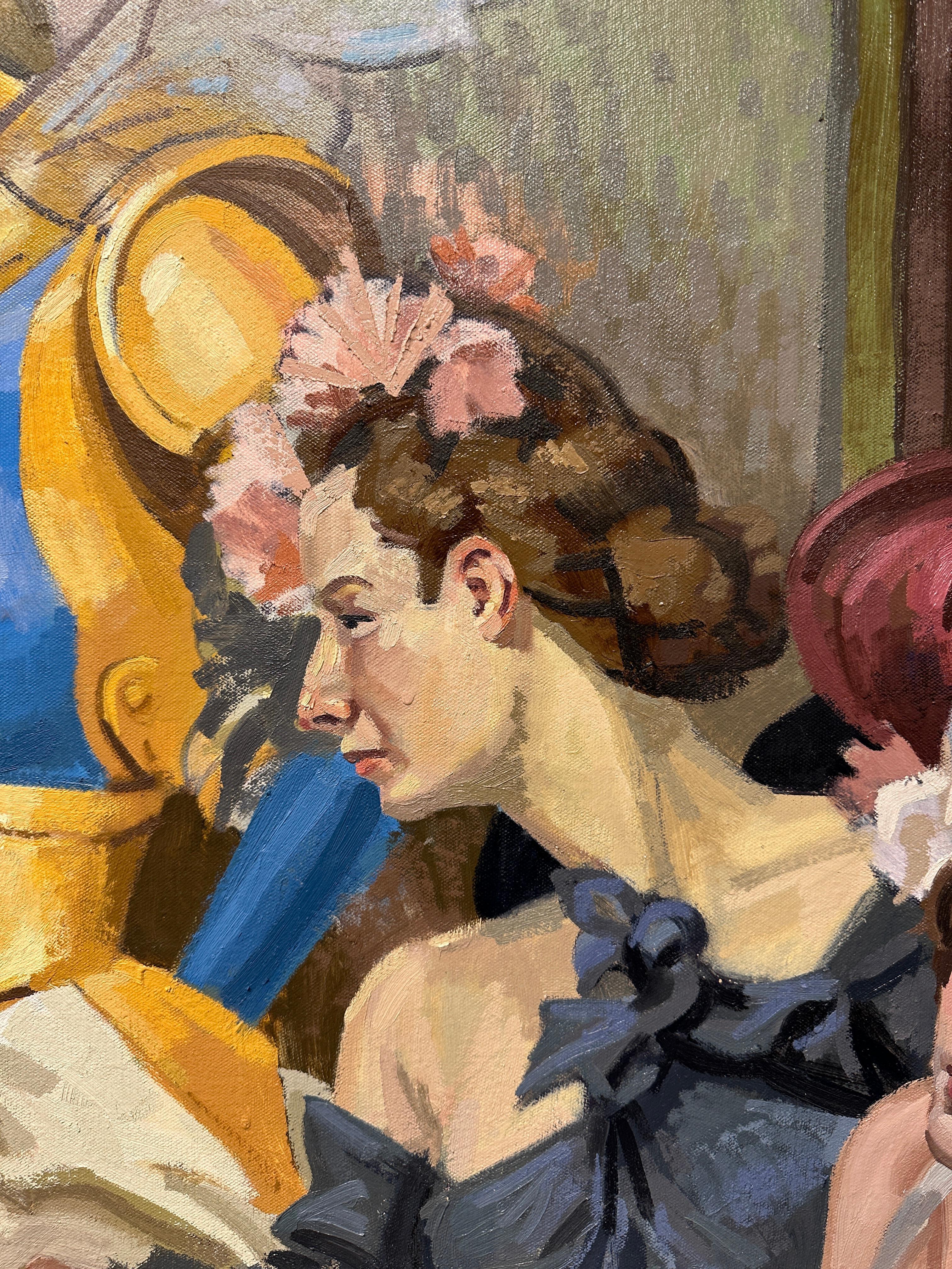 The Secret Life of Birds  - Complex Grouping of Figures at a Cafe, Original Oil - Contemporary Painting by Benjamin Duke