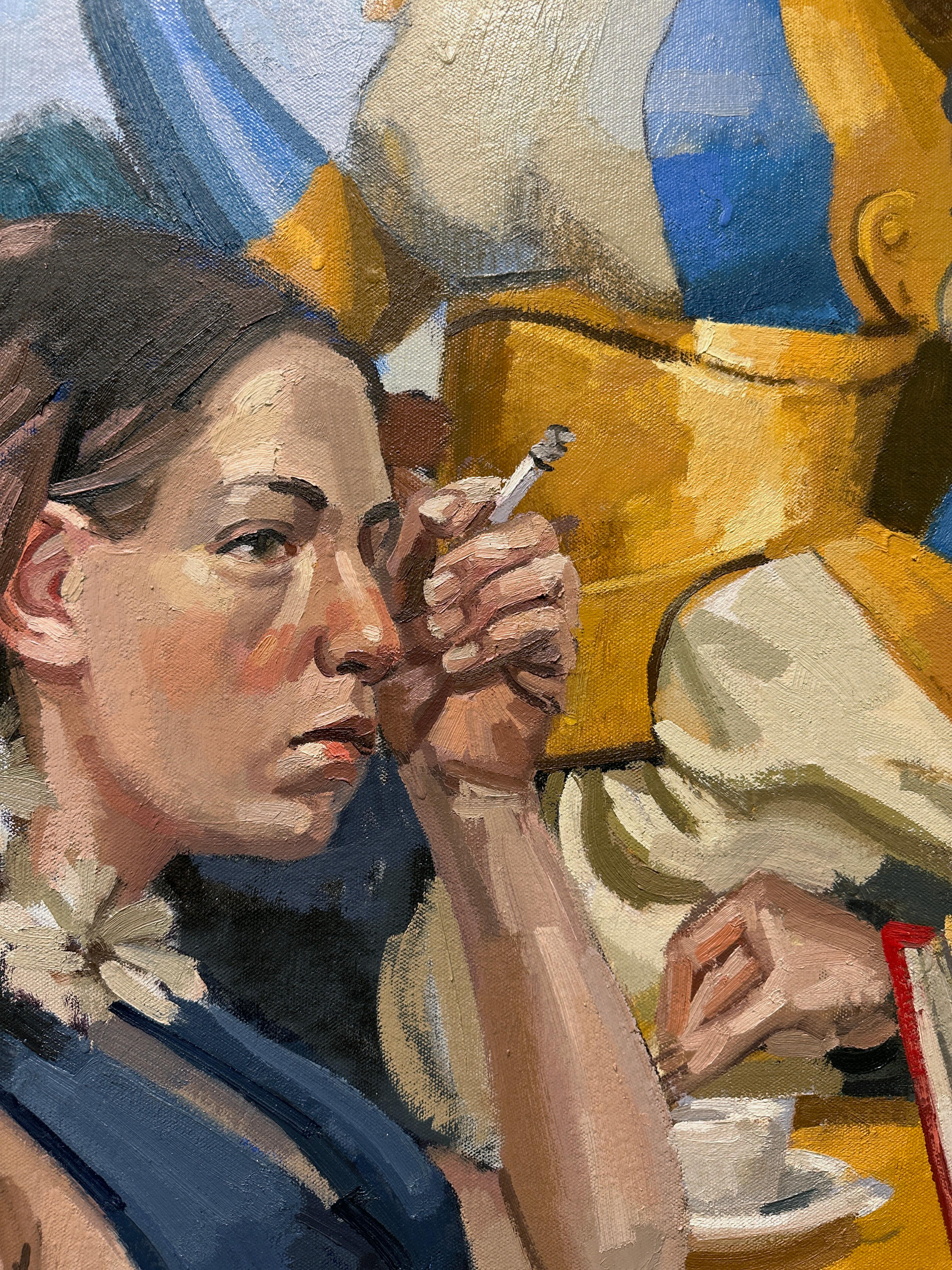 The Secret Life of Birds  - Complex Grouping of Figures at a Cafe, Original Oil 2