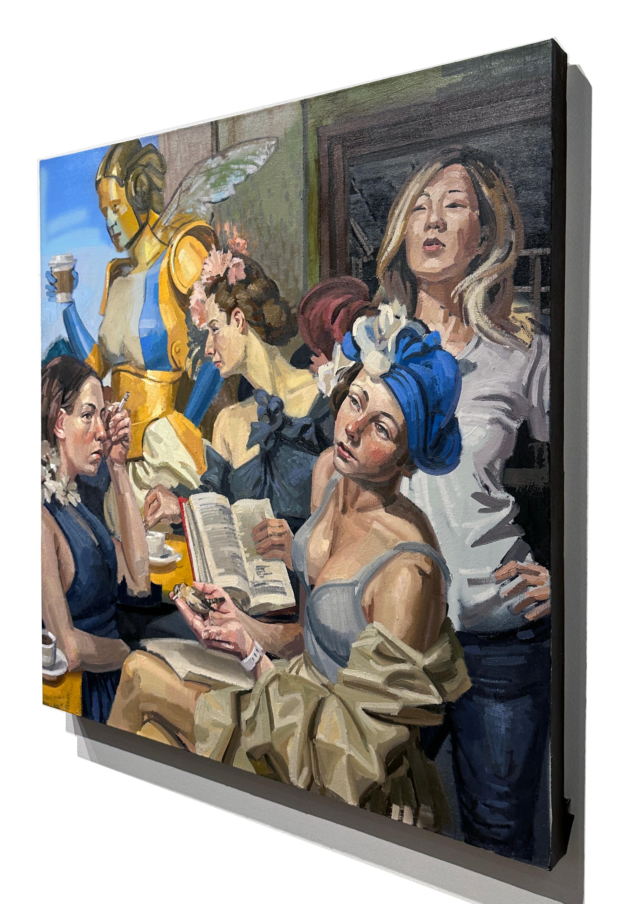 The Secret Life of Birds  - Complex Grouping of Figures at a Cafe, Original Oil 3