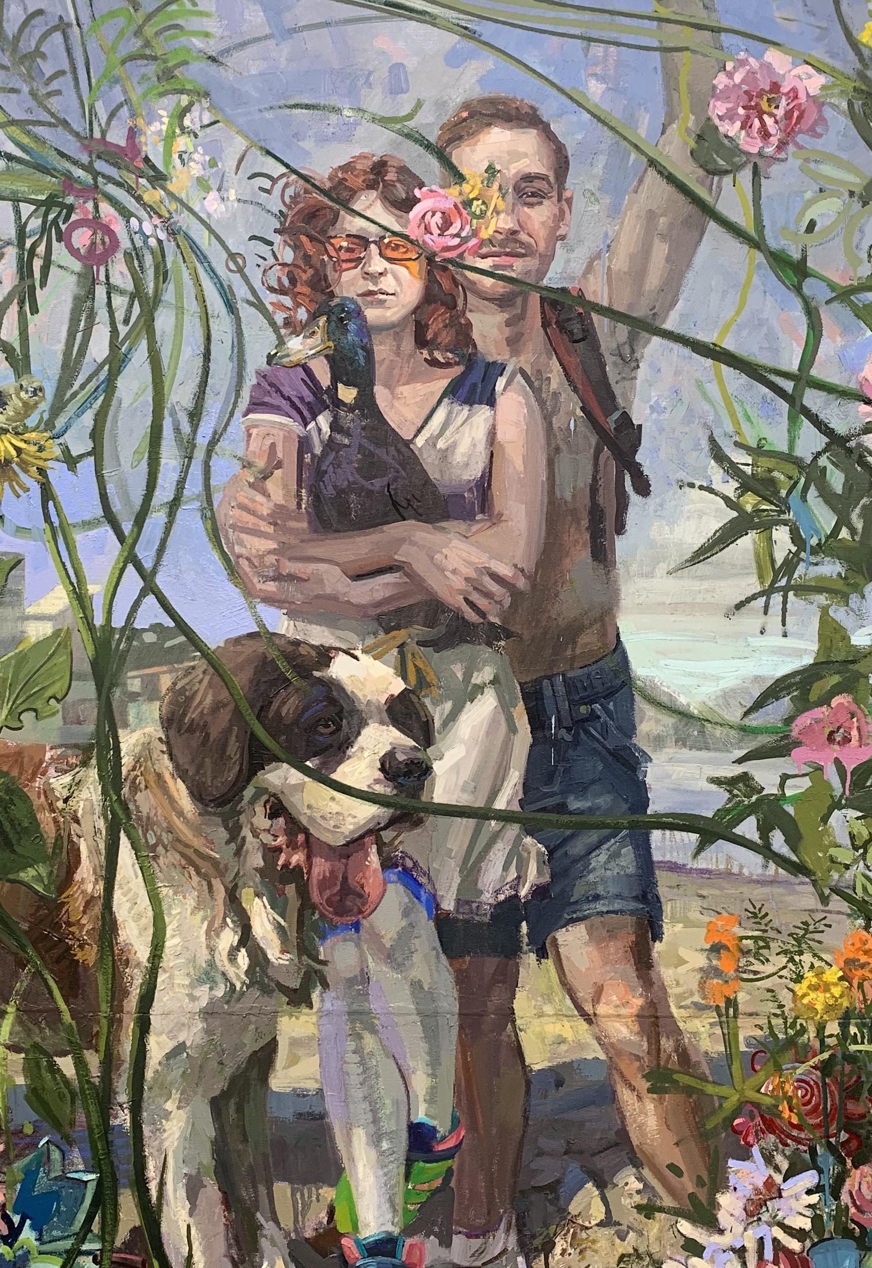 Untitled (In the Garden) - Scène surréaliste avec deux couples et leur chien Saint Bernard 1