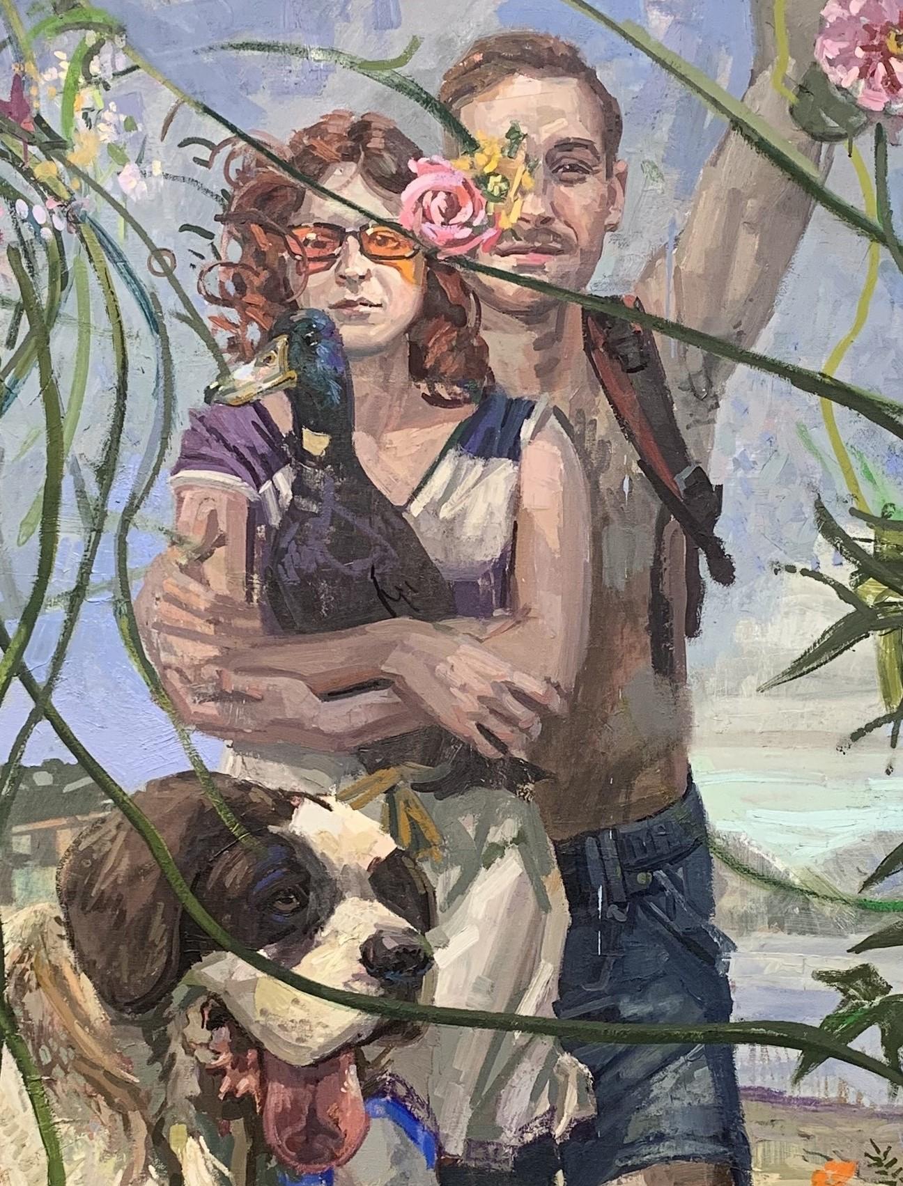 Untitled (In the Garden) - Surreal Scene w/ Couple and Their St. Bernard Dog - Contemporary Painting by Benjamin Duke