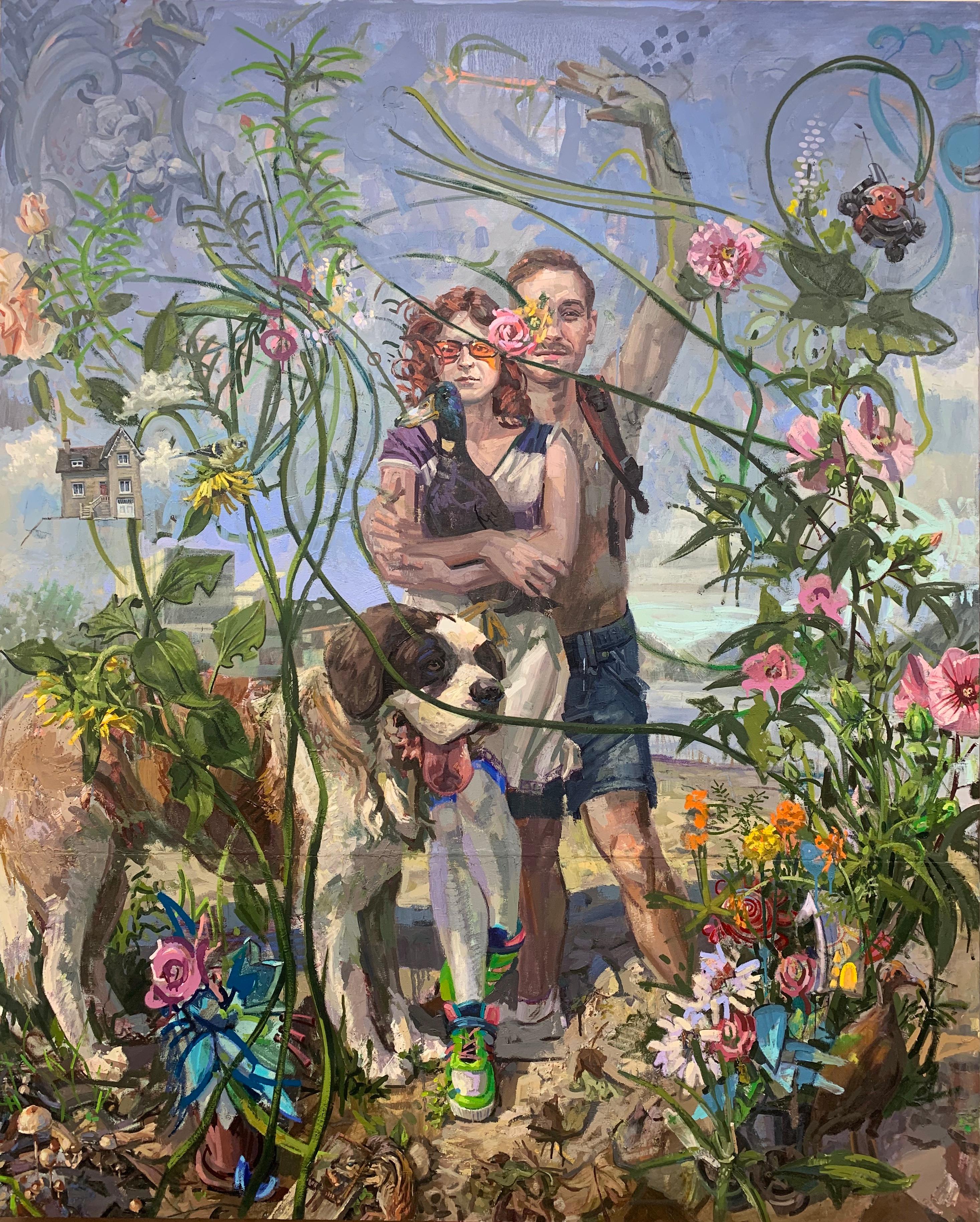 Benjamin Duke Figurative Painting - Untitled (In the Garden) - Surreal Scene w/ Couple and Their St. Bernard Dog