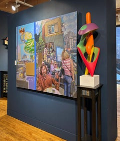 Untitled  - Surreal Chaotic Urban Café Scene, Original Oil Painting