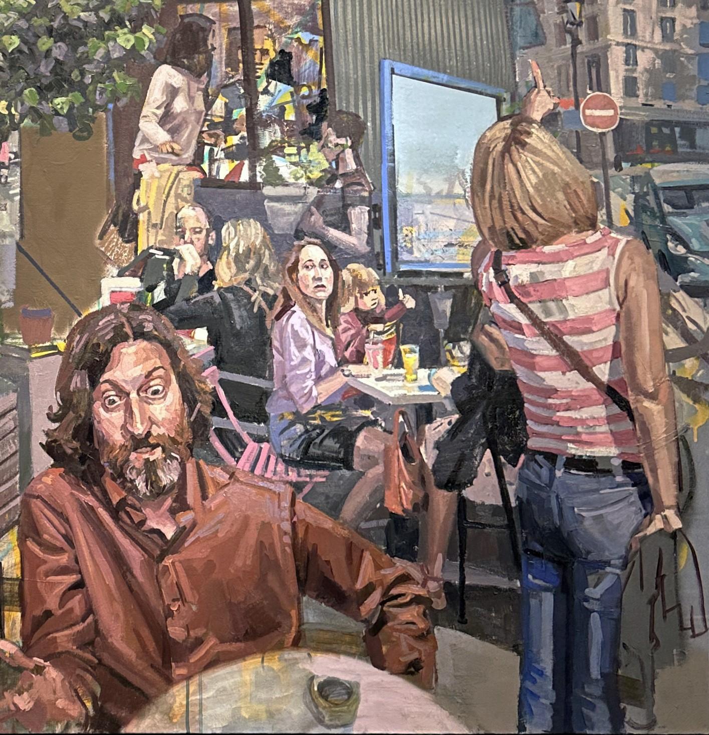Untitled  - Surreal Chaotic Urban Café Scene, Original Oil Painting - Gray Figurative Painting by Benjamin Duke