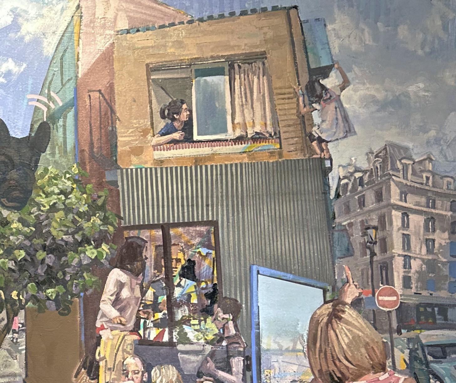 Sans titre  - Scène de café urbain surréaliste et chaotique, peinture à l'huile originale en vente 2