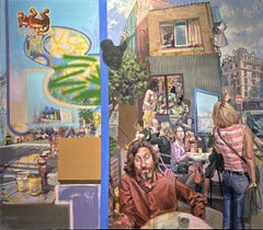 Untitled  - Surreal Chaotic Urban Café Scene, Original Oil Painting
