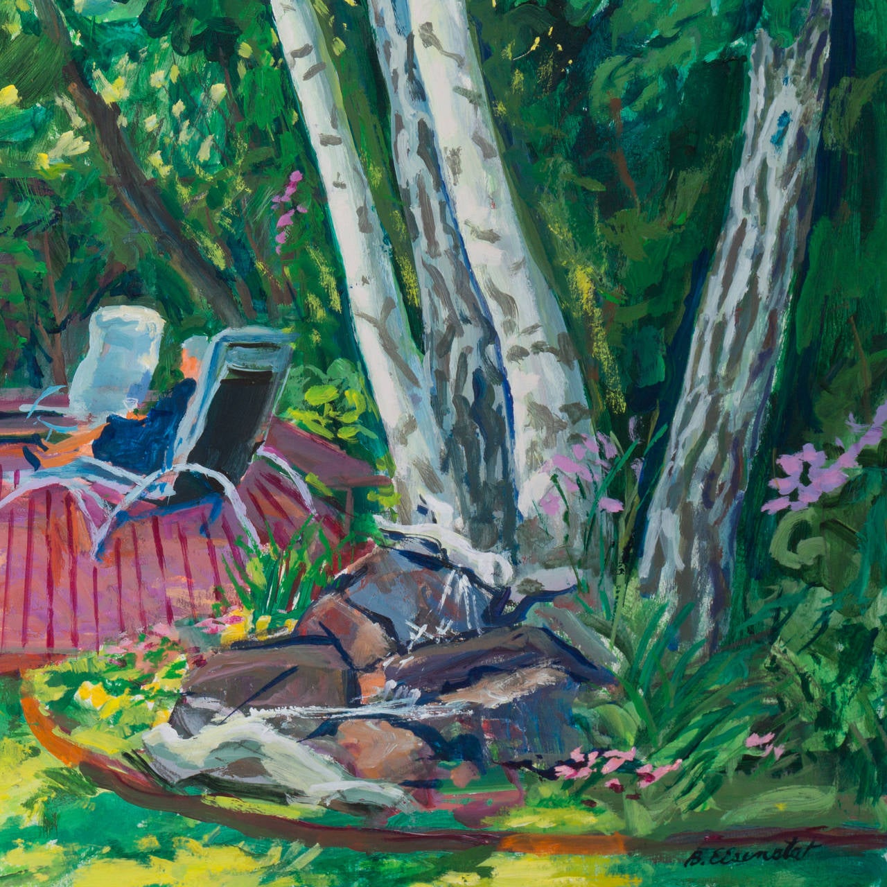 Signed lower right 'B. Eisenstadt' for Benjamin Eisenstat (American, 1915-2001) and painted circa 1955. 

A substantial view of a rustic garden showing two women relaxing with martinis on a sun-dappled wooden deck. 

A painter, teacher, illustrator