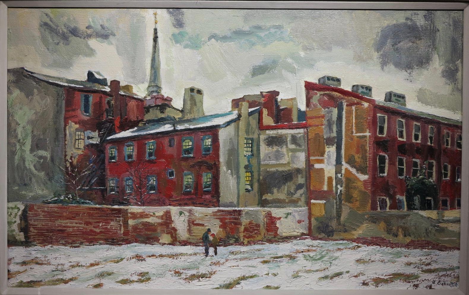 Benjamin Eisenstat (1915-2001). Society Hill, c.1950. Oil on canvas, 20 x 32 inches; 27 x 39 inched framed. Signed lower right. Signed and titled en verso. Excellent condition with minor paint cracking in lower area. The scene depicts the Society