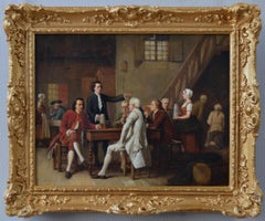 19th Century genre oil painting of men drinking in a tavern 