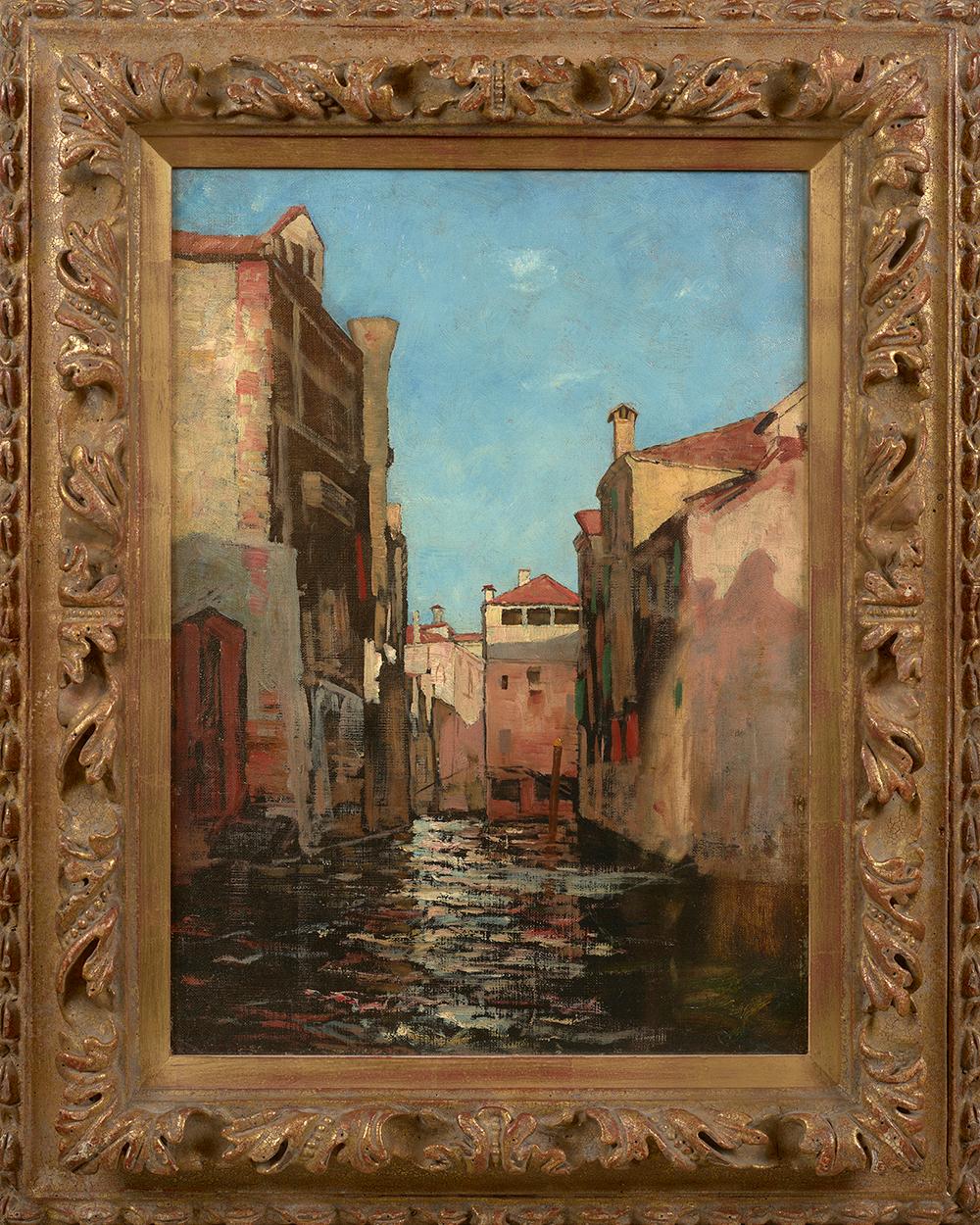 Benjamin Ferris Gilman paints an intriguing view of Venice through a narrow canal in his oil painting entitled, “Canal in Venice.” 