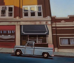 Camión Vintage, Pintura al Óleo Original Contemporánea Realista Paisaje Urbano sobre Lienzo