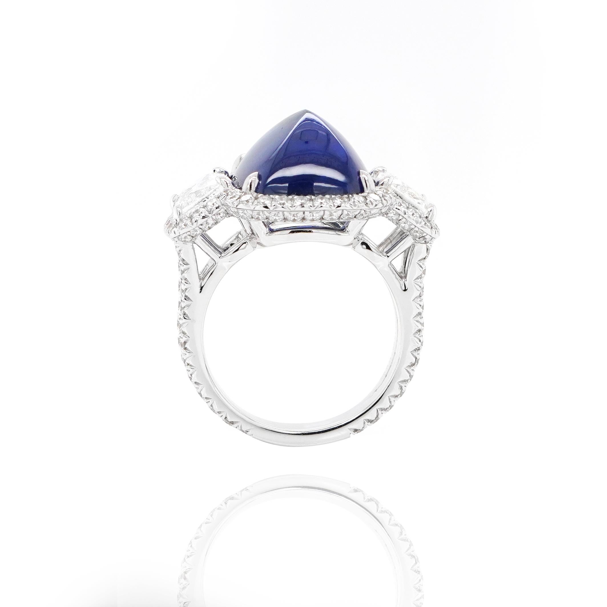 Sugarloaf Cabochon BENJAMIN FINE JEWELRY 13.22 cts Blue Sapphire with Diamond 18K Ring For Sale