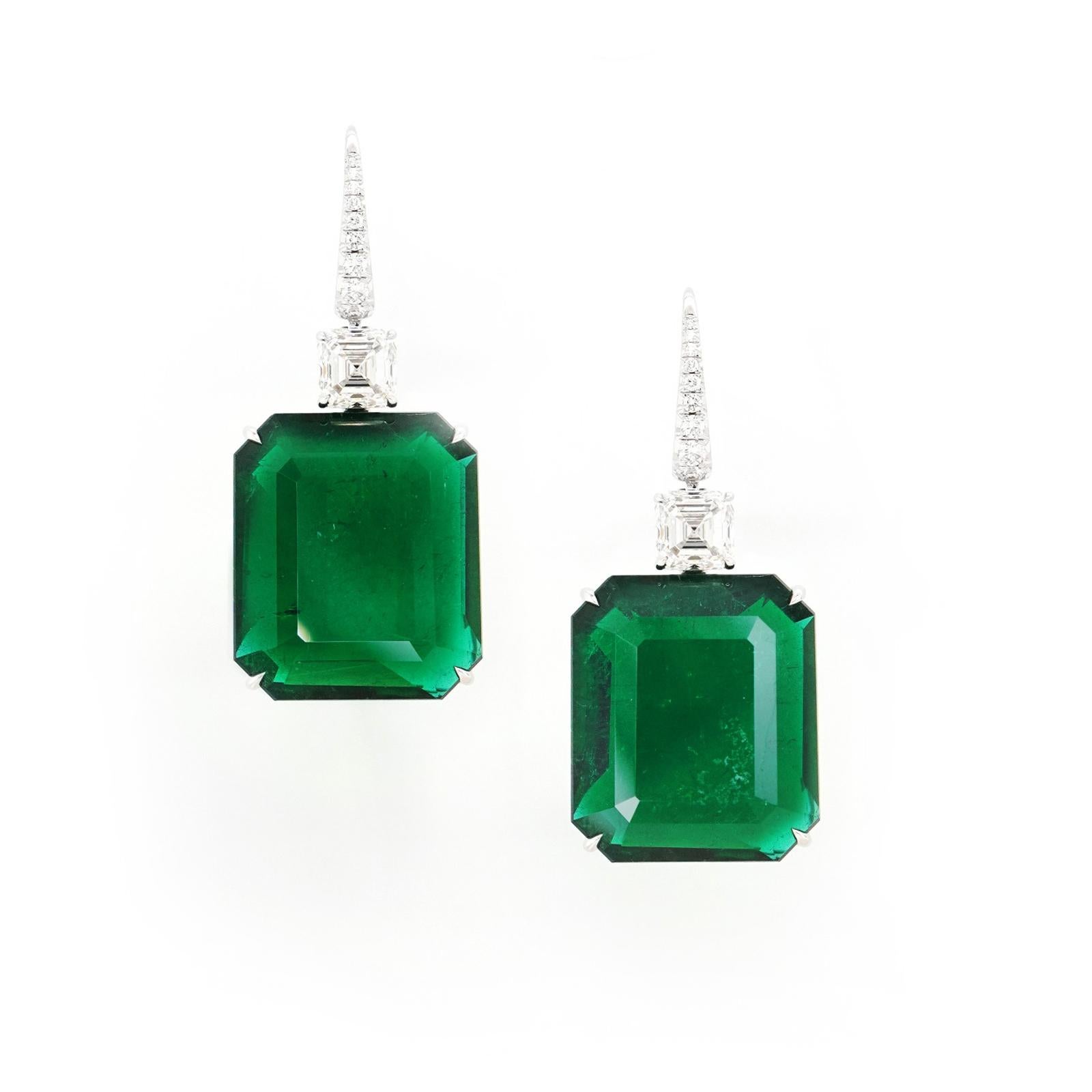 Modern BENJAMIN FINE JEWELRY 21.81 / 18.80 cts Emerald 18K Earrings  For Sale