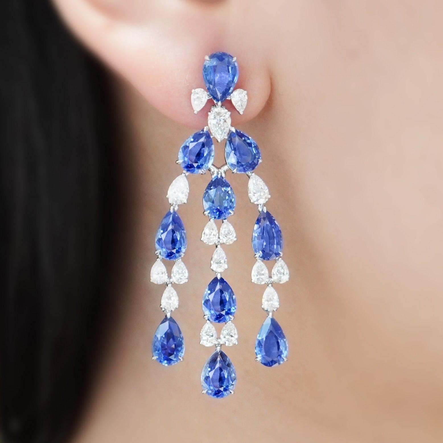 Pear Cut BENJAMIN FINE JEWELRY 23.43 cts Unheated Blue Sapphire with Diamond 18K Earrings For Sale