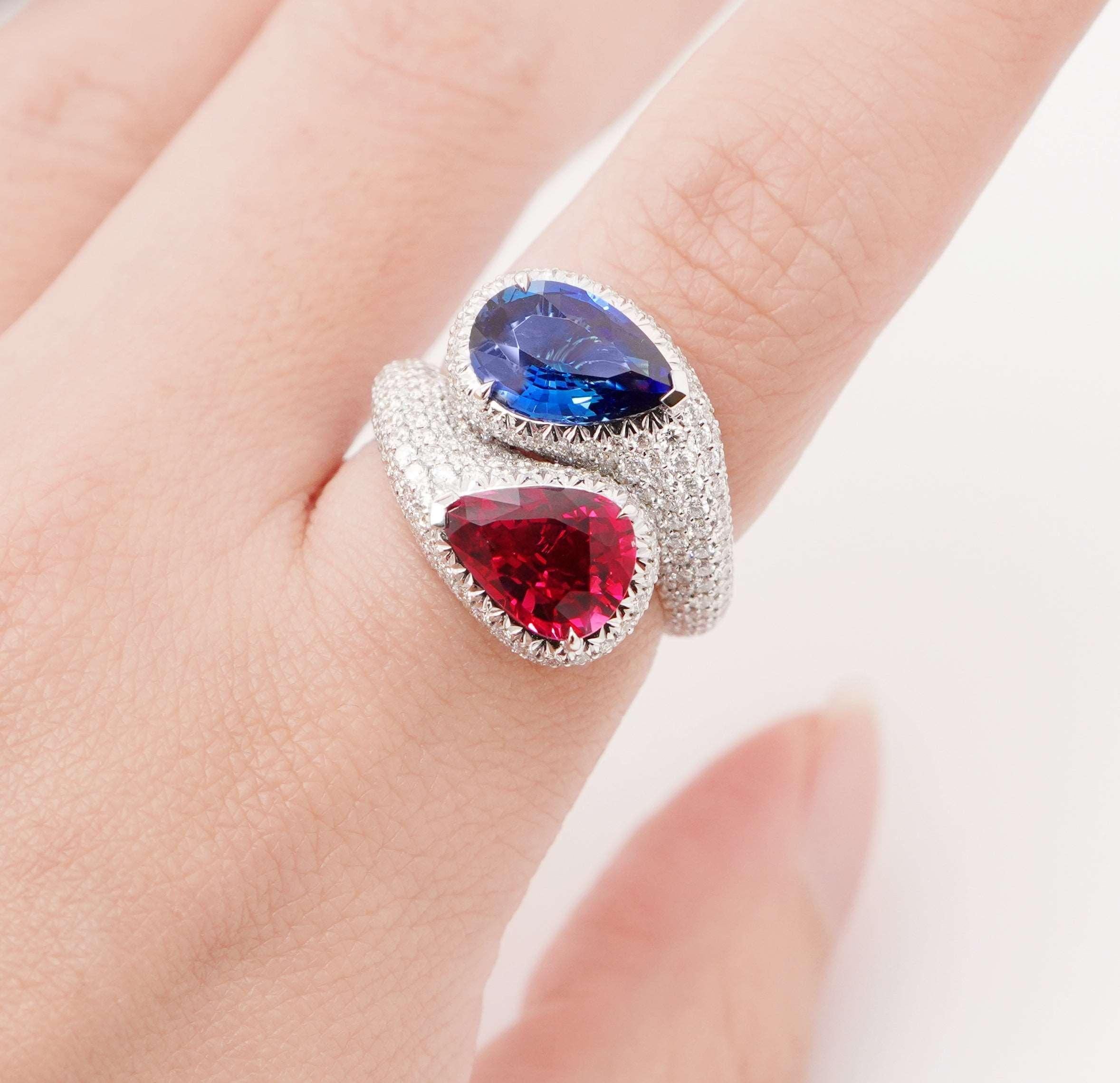 Pear Cut BENJAMIN FINE JEWELRY 2.66 cts Ruby with Unheated Blue Sapphire 18K Ring For Sale
