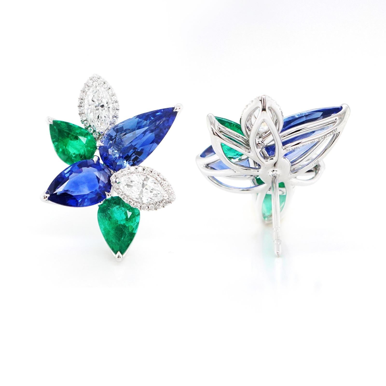 Modern BENJAMIN FINE JEWELRY 2.83 / 7.15 cts Emerald with Blue Sapphire 18K Earrings  For Sale