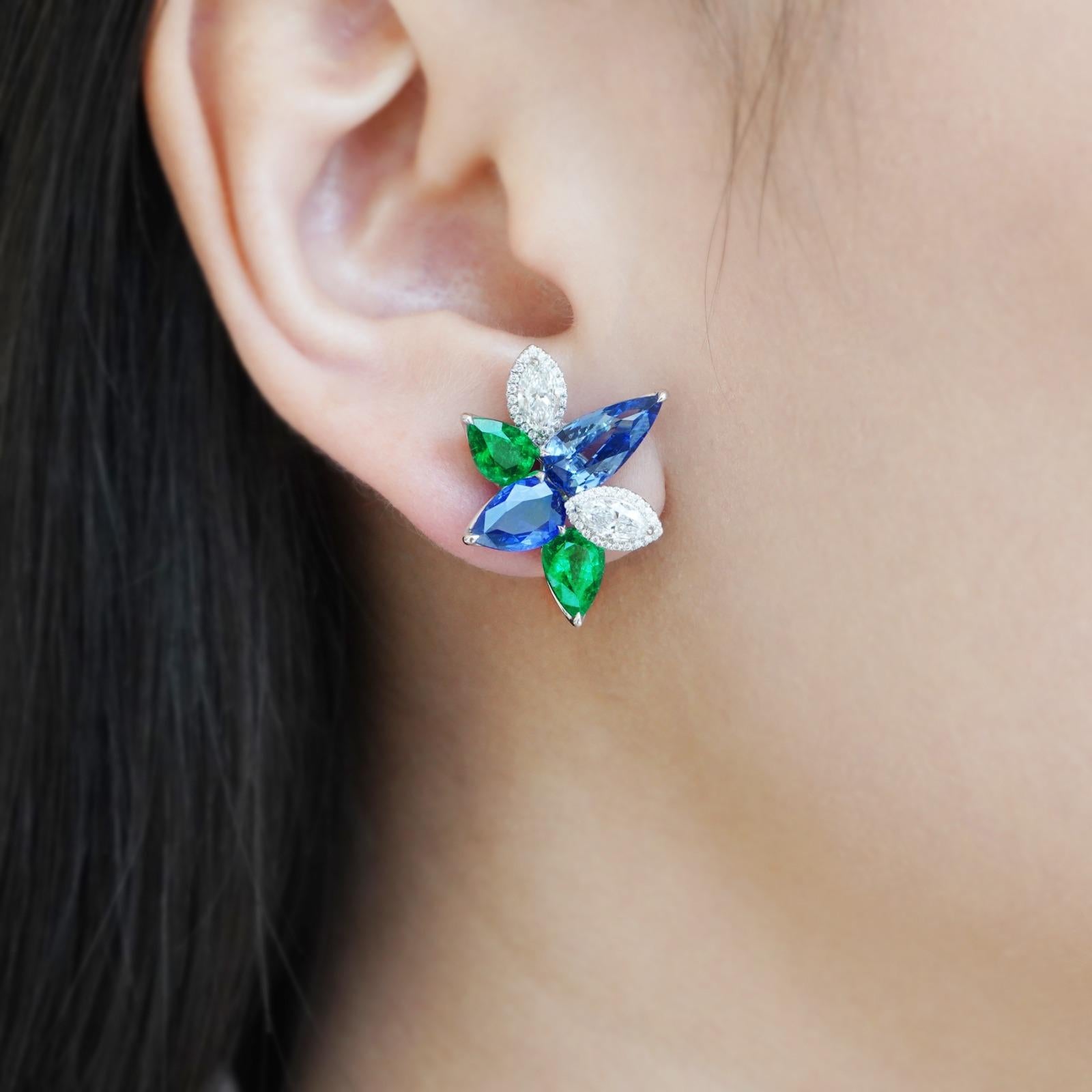Pear Cut BENJAMIN FINE JEWELRY 2.83 / 7.15 cts Emerald with Blue Sapphire 18K Earrings  For Sale