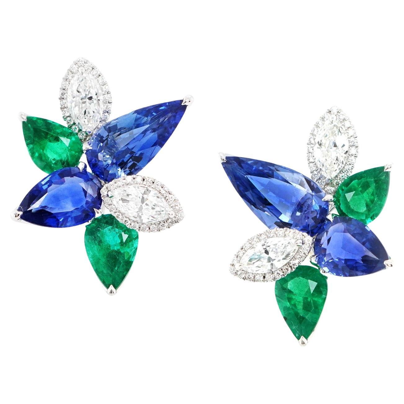 BENJAMIN FINE JEWELRY 2.83 / 7.15 cts Emerald with Blue Sapphire 18K Earrings  For Sale