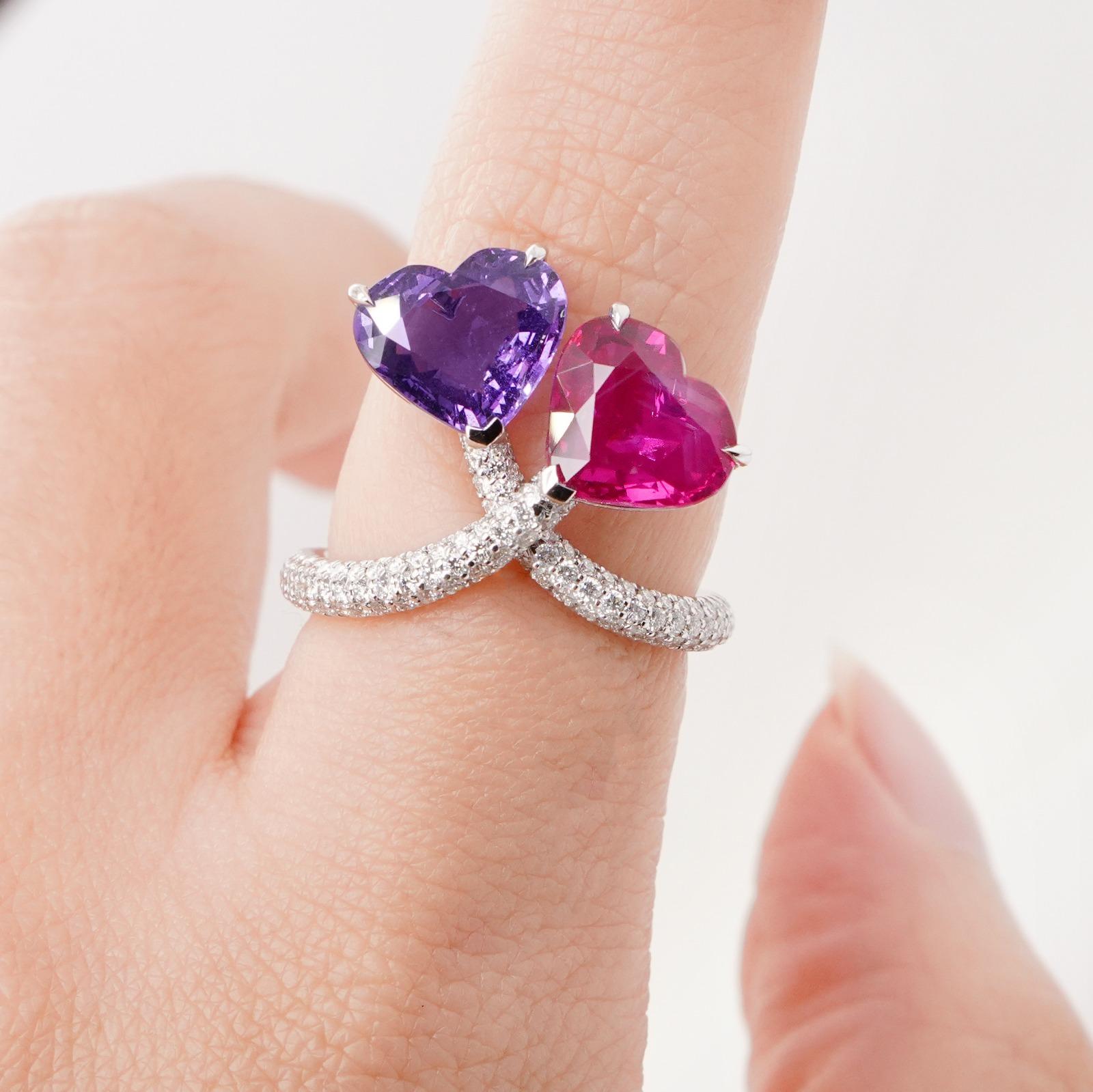 Heart Cut BENJAMIN FINE JEWELRY 3.01 / 2.44 cts Ruby with Sapphire 18K Ring For Sale