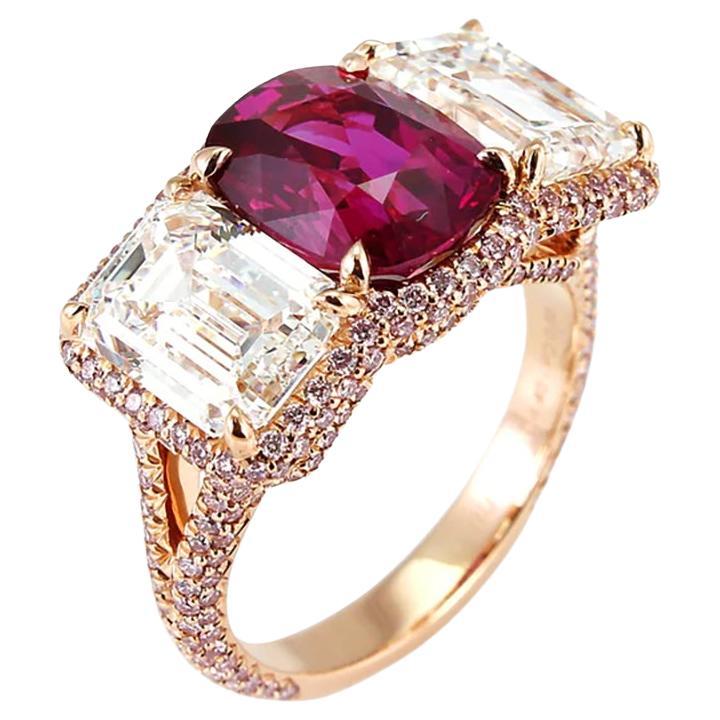 BENJAMIN FINE JEWELRY 3.76 Cts Burmese Ruby with Diamond Ring For Sale