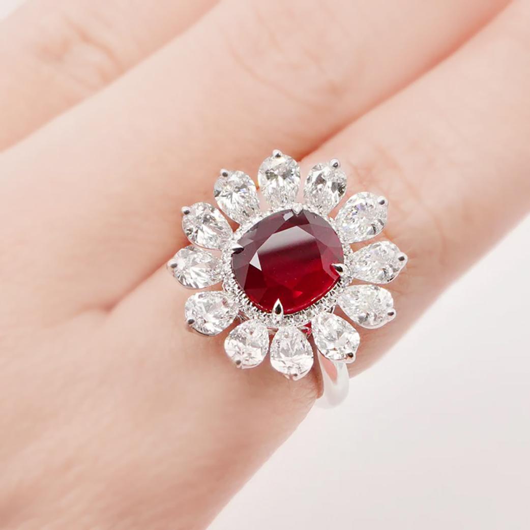 Modern BENJAMIN FINE JEWELRY 4.05 cts Unheated Cushion Ruby with Diamond Ring For Sale