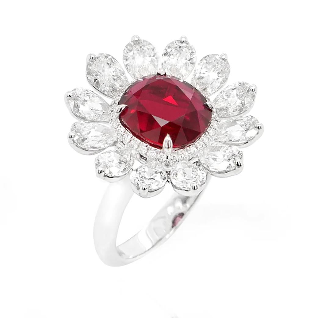 Cushion Cut BENJAMIN FINE JEWELRY 4.05 cts Unheated Cushion Ruby with Diamond Ring For Sale
