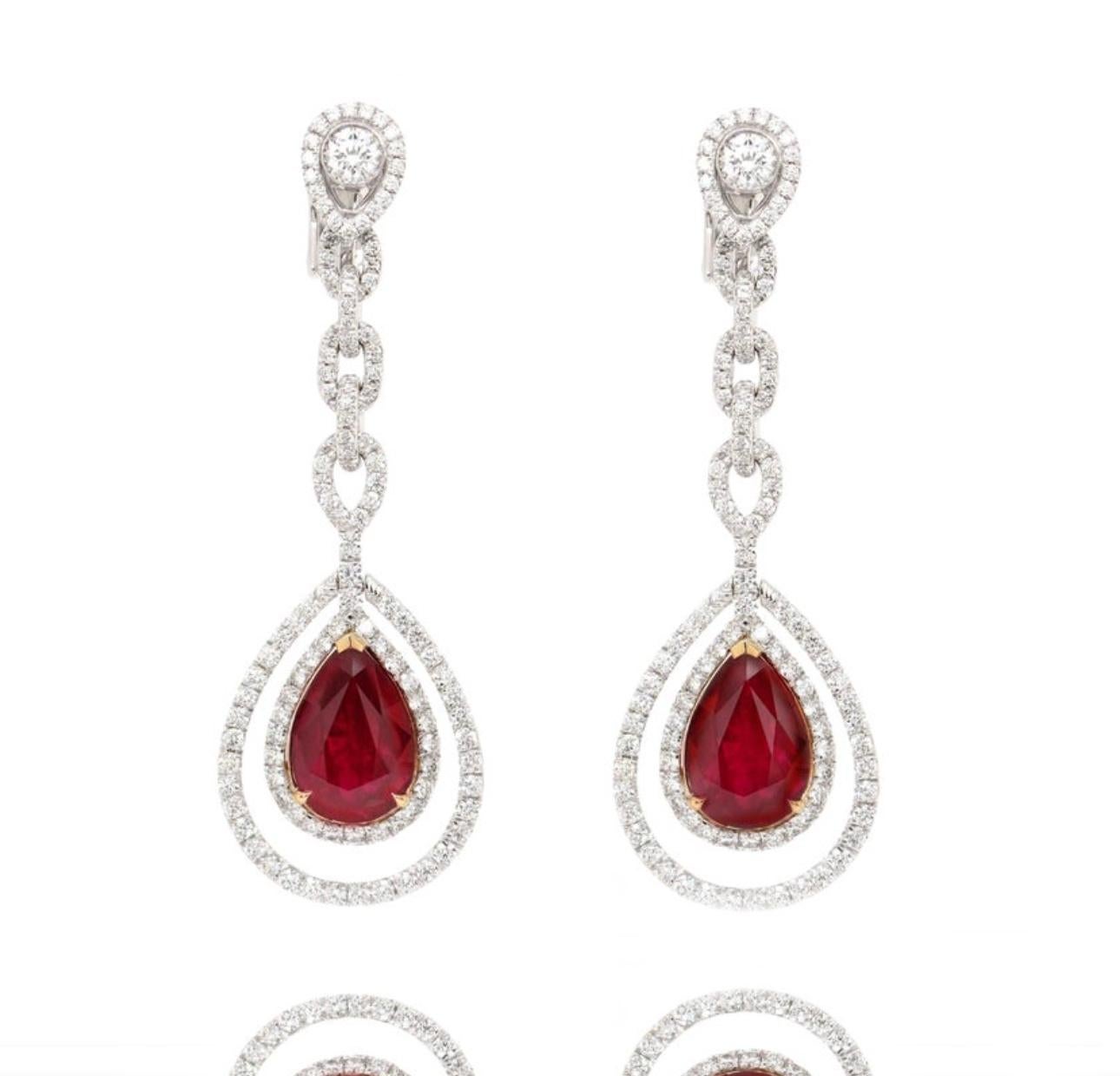 Modern BENJAMIN FINE JEWELRY 4.14 / 3.22 cts Burmese Ruby with Diamond 18K Earrings  For Sale