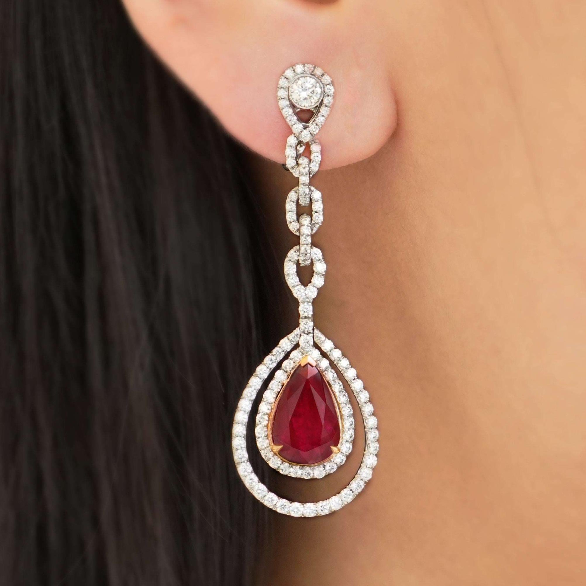 Pear Cut BENJAMIN FINE JEWELRY 4.14 / 3.22 cts Burmese Ruby with Diamond 18K Earrings  For Sale