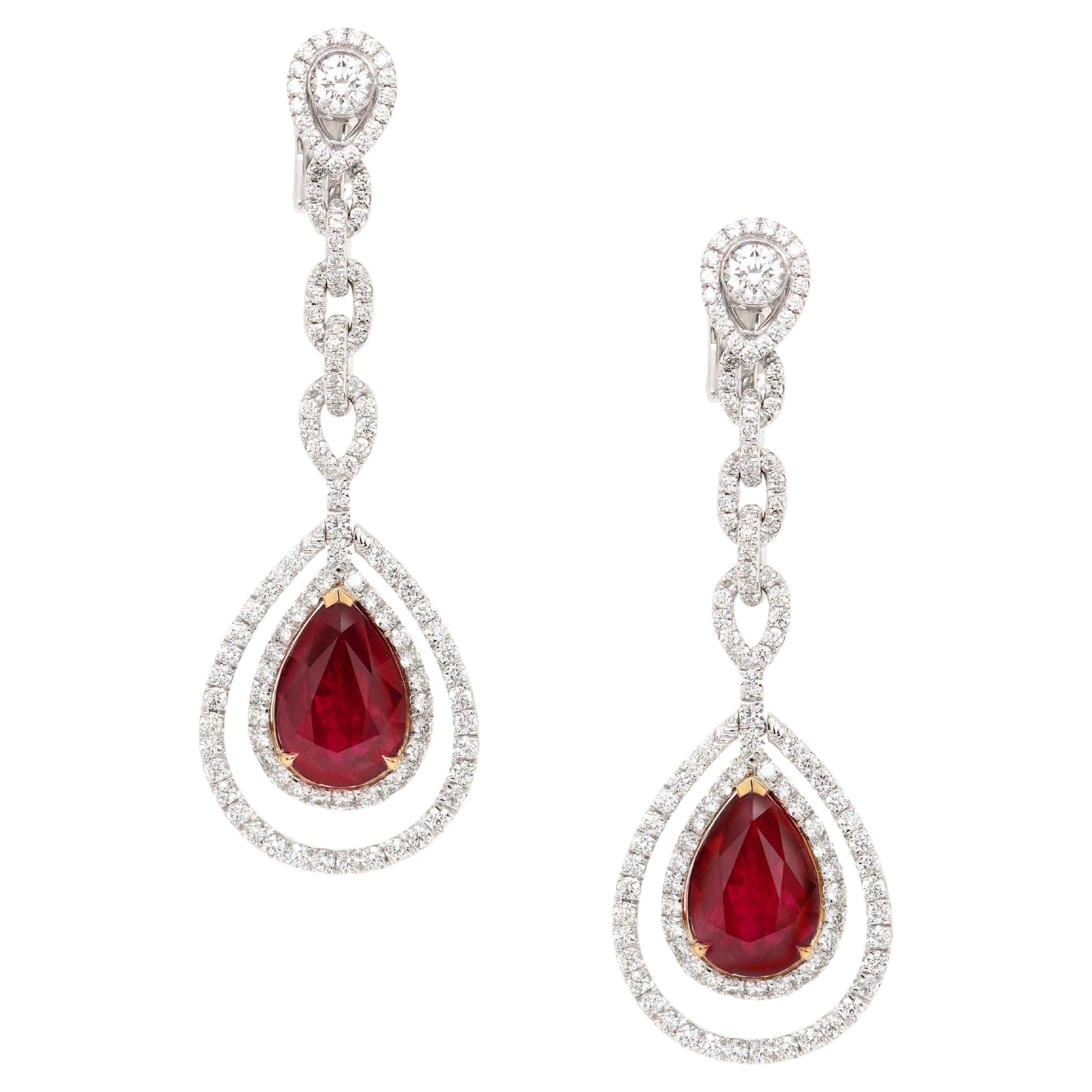 BENJAMIN FINE JEWELRY 4.14 / 3.22 cts Burmese Ruby with Diamond 18K Earrings  For Sale