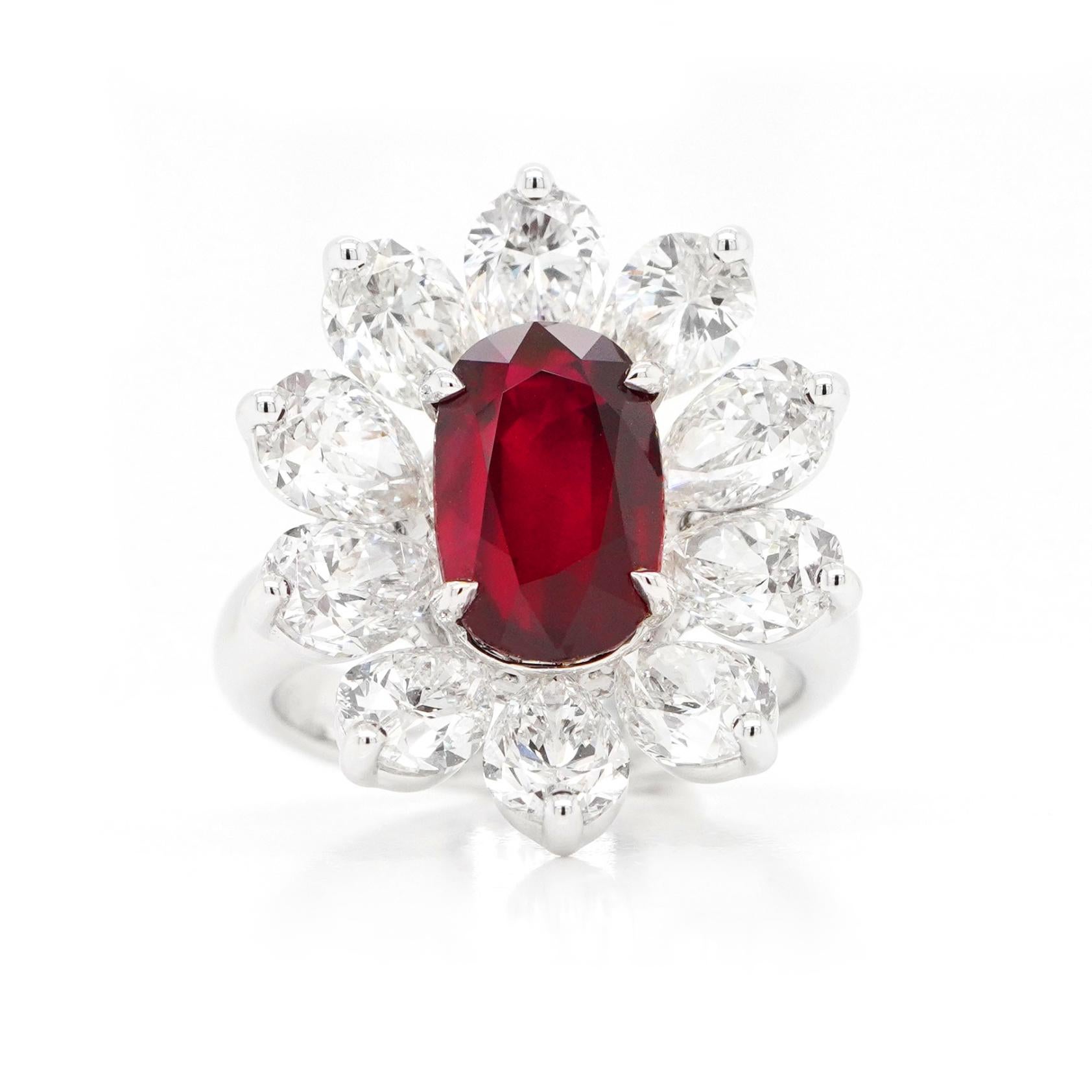 Modern BENJAMIN FINE JEWELRY 4.97 Unheated Ruby with Pear Shape Diamond 18K Ring For Sale
