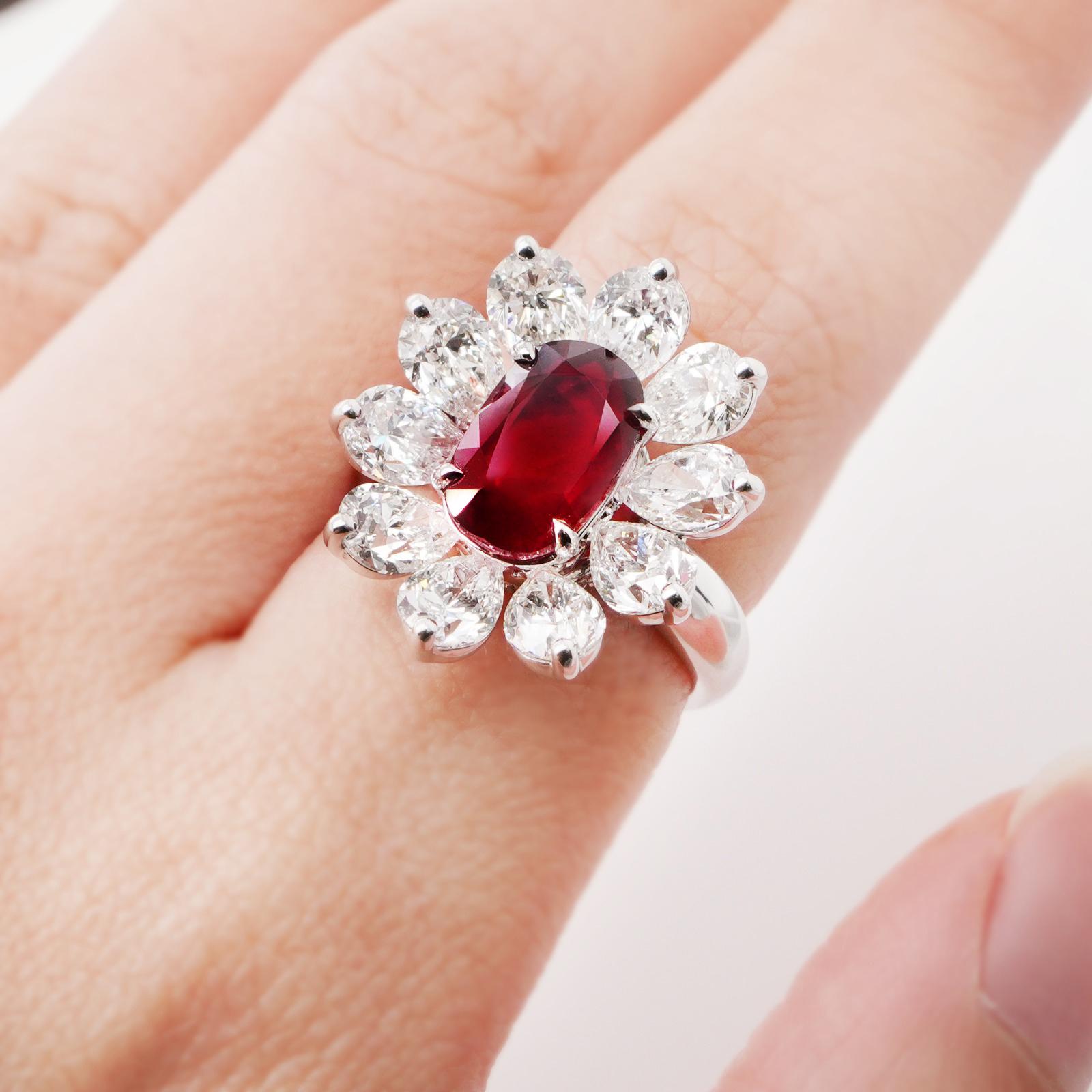 Modern BENJAMIN FINE JEWELRY 4.97 Unheated Ruby with Pear Shape Diamond 18K Ring For Sale