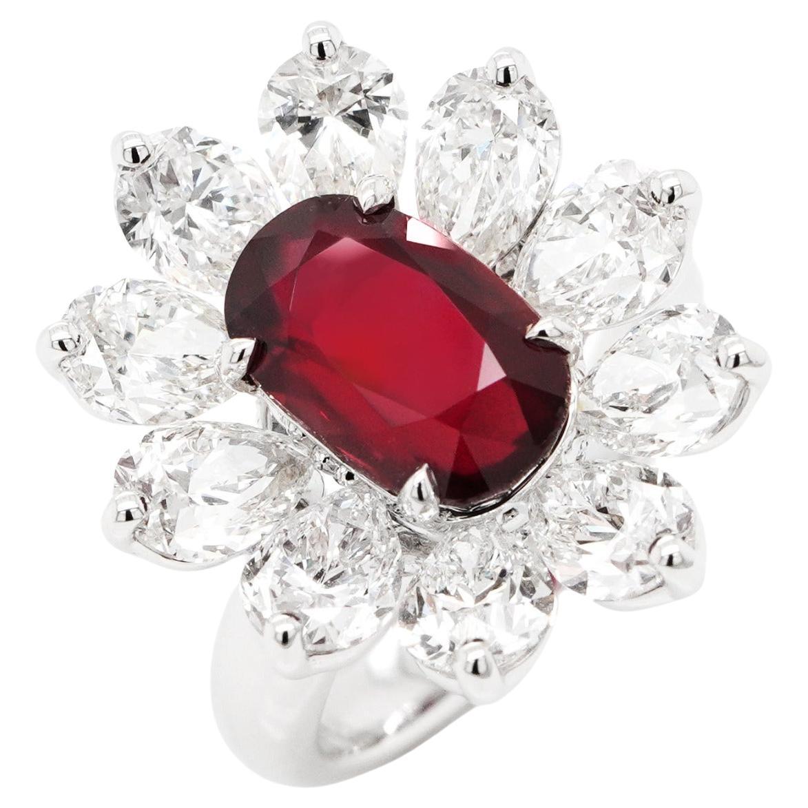 BENJAMIN FINE JEWELRY 4.97 Unheated Ruby with Pear Shape Diamond 18K Ring For Sale