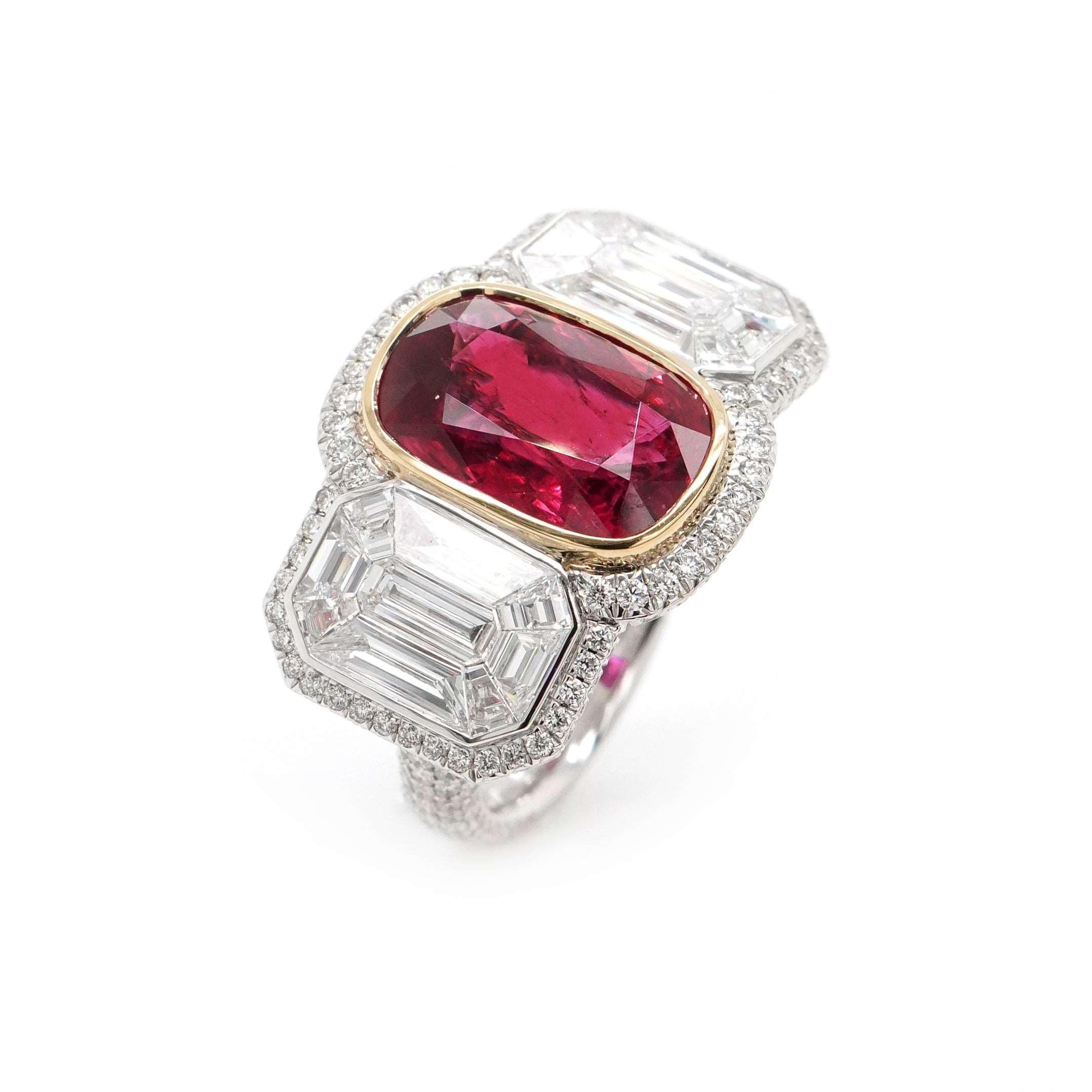 Cushion Cut BENJAMIN FINE JEWELRY 5.37 cts Siam Ruby with Pie Cut Diamond 18K Ring For Sale