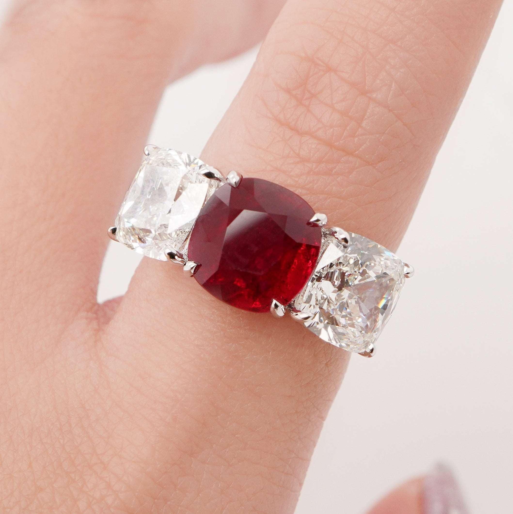 Cushion Cut BENJAMIN FINE JEWELRY 5.62 cts Unheated Ruby with Diamond 18K Ring For Sale