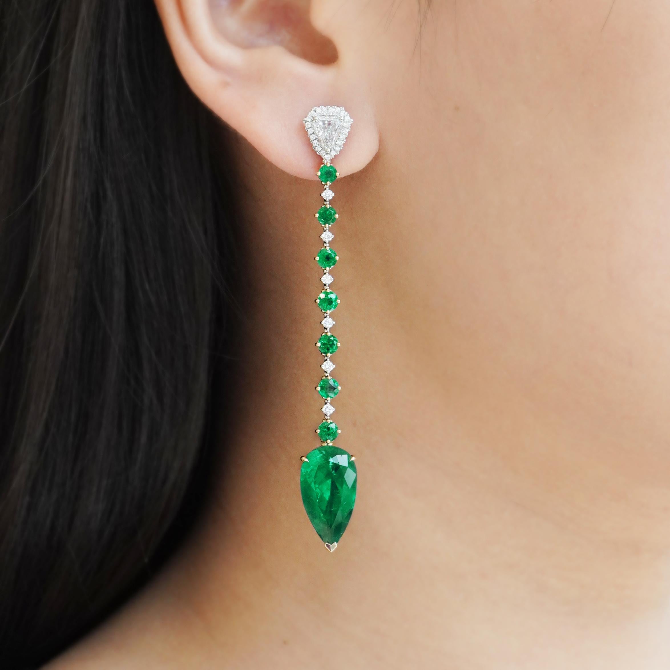 Modern BENJAMIN FINE JEWELRY 6.29/6.21 cts Colombian Emerald with Diamond 18K Earrings  For Sale