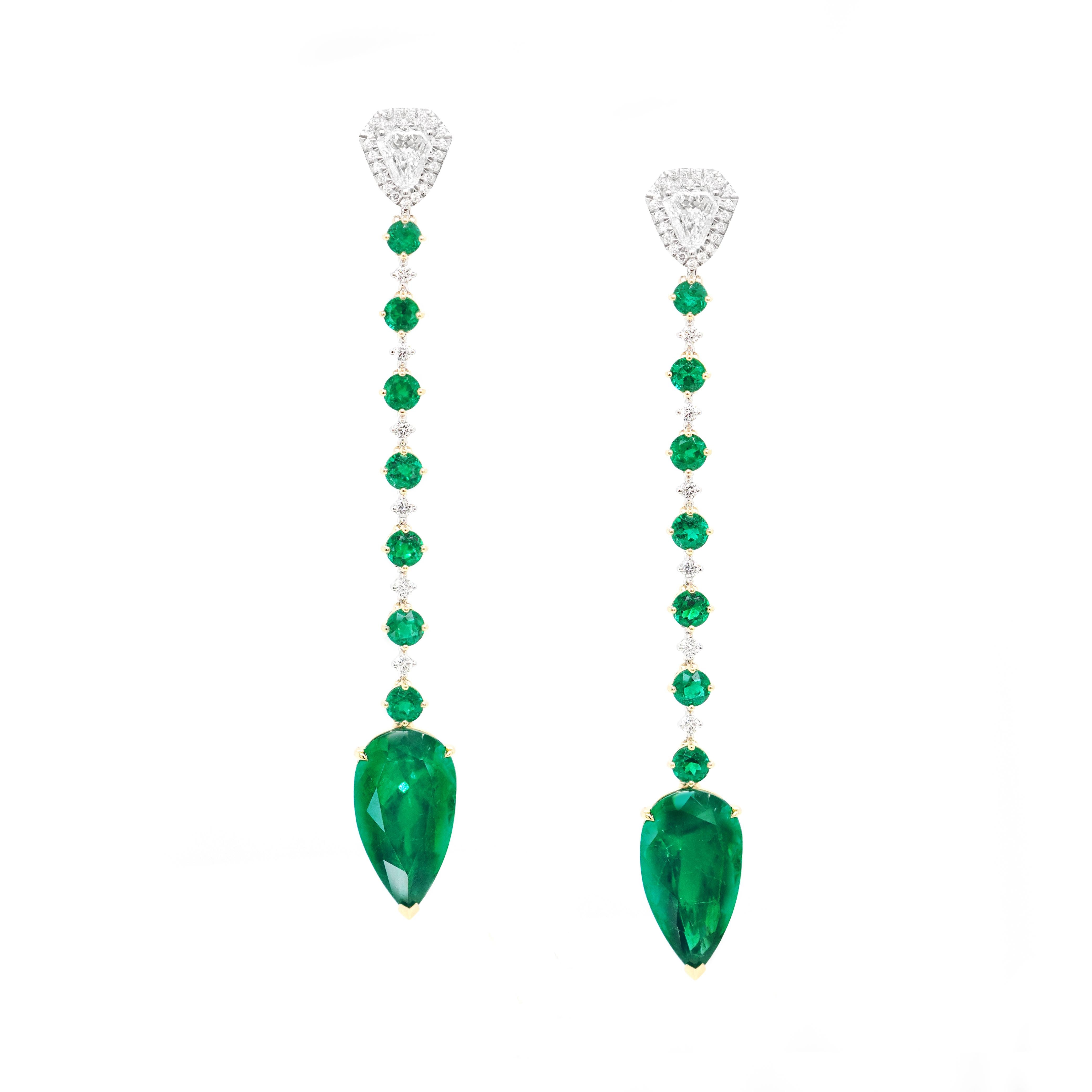 Pear Cut BENJAMIN FINE JEWELRY 6.29/6.21 cts Colombian Emerald with Diamond 18K Earrings  For Sale