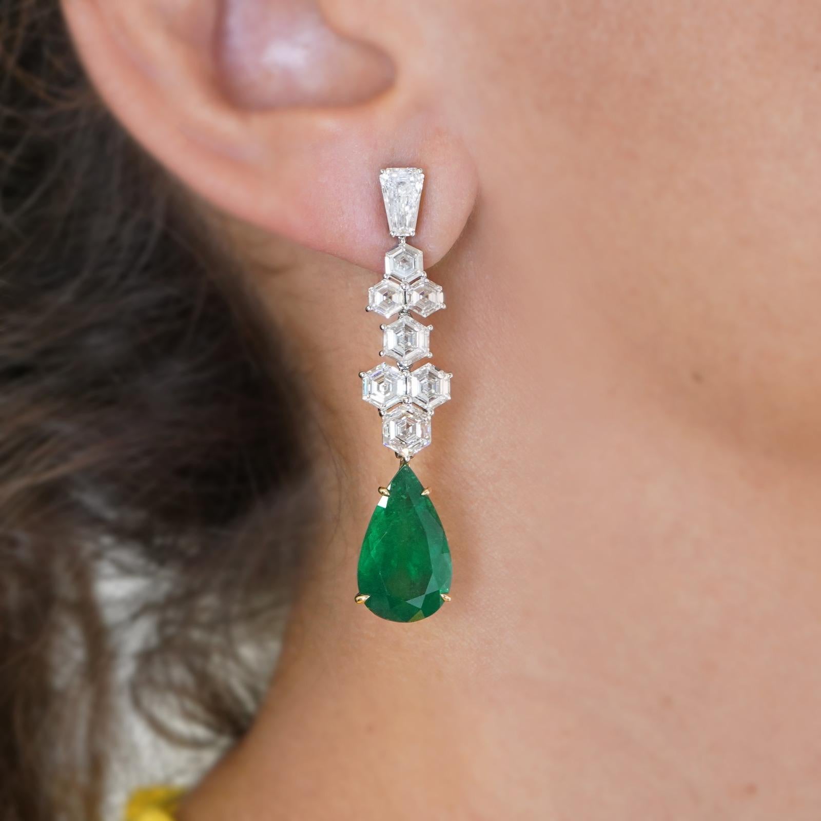 Pear Cut BENJAMIN FINE JEWELRY 6.64 / 6.42 cts Minor Oil Colombian Emerald 18K Earrings For Sale