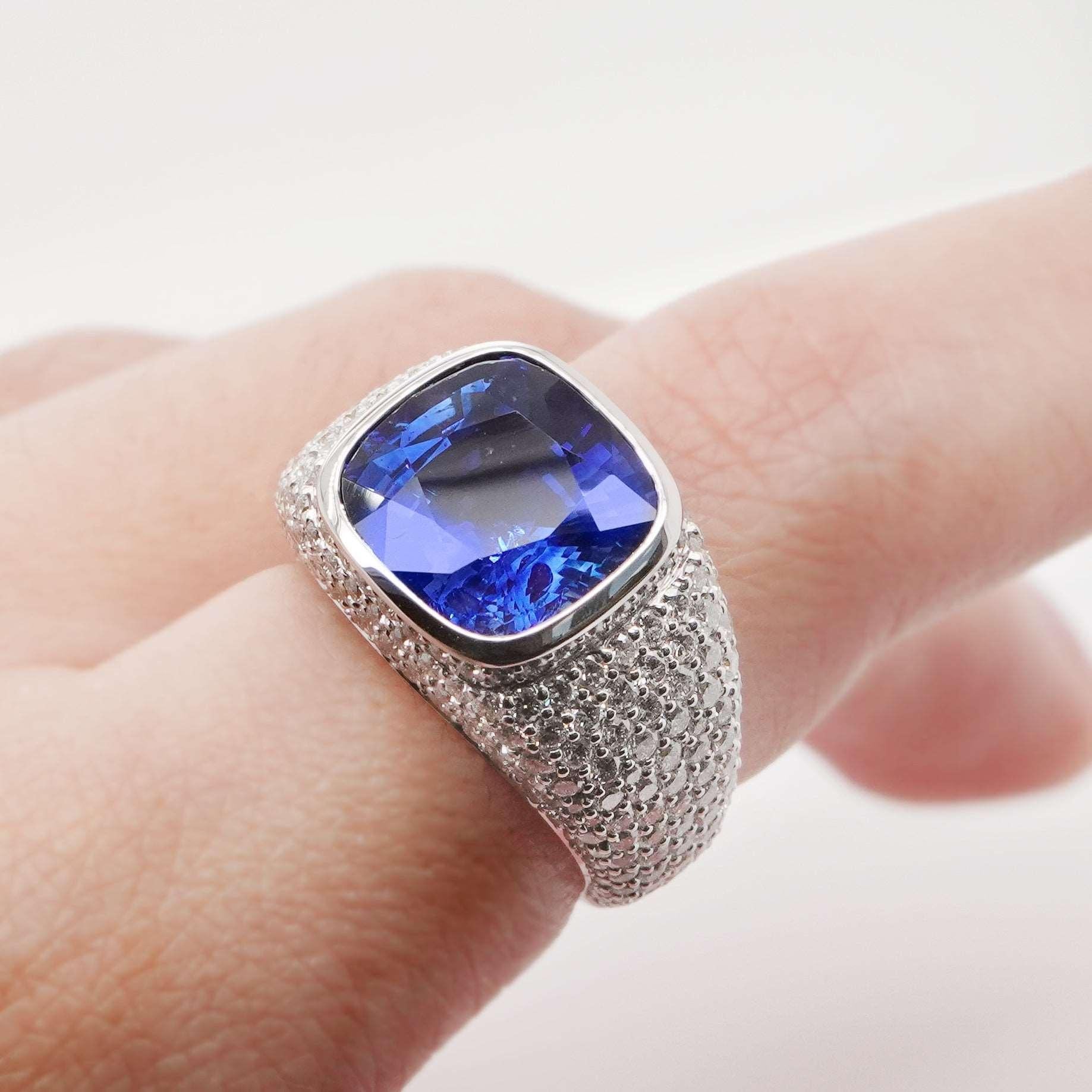 Cushion Cut BENJAMIN FINE JEWELRY 7.31 cts Blue Sapphire with White Diamond Pavé 18K Ring For Sale