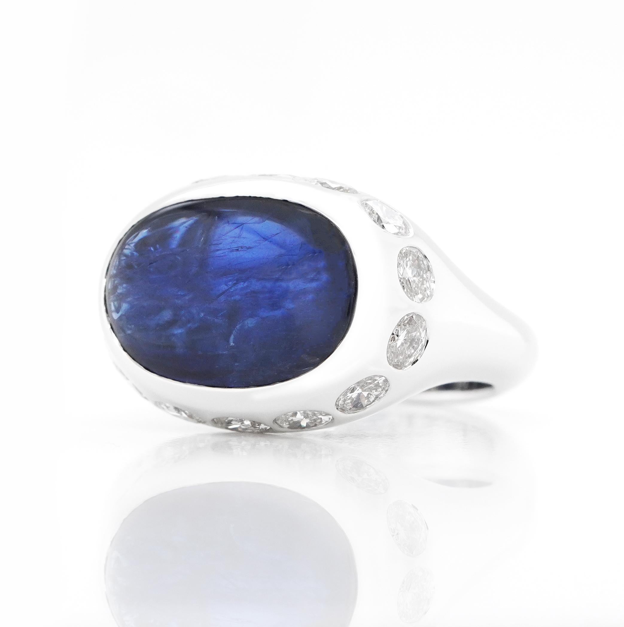 Modern BENJAMIN FINE JEWELRY 7.81 cts Unheated Blue Sapphire with Diamond 18K Ring For Sale
