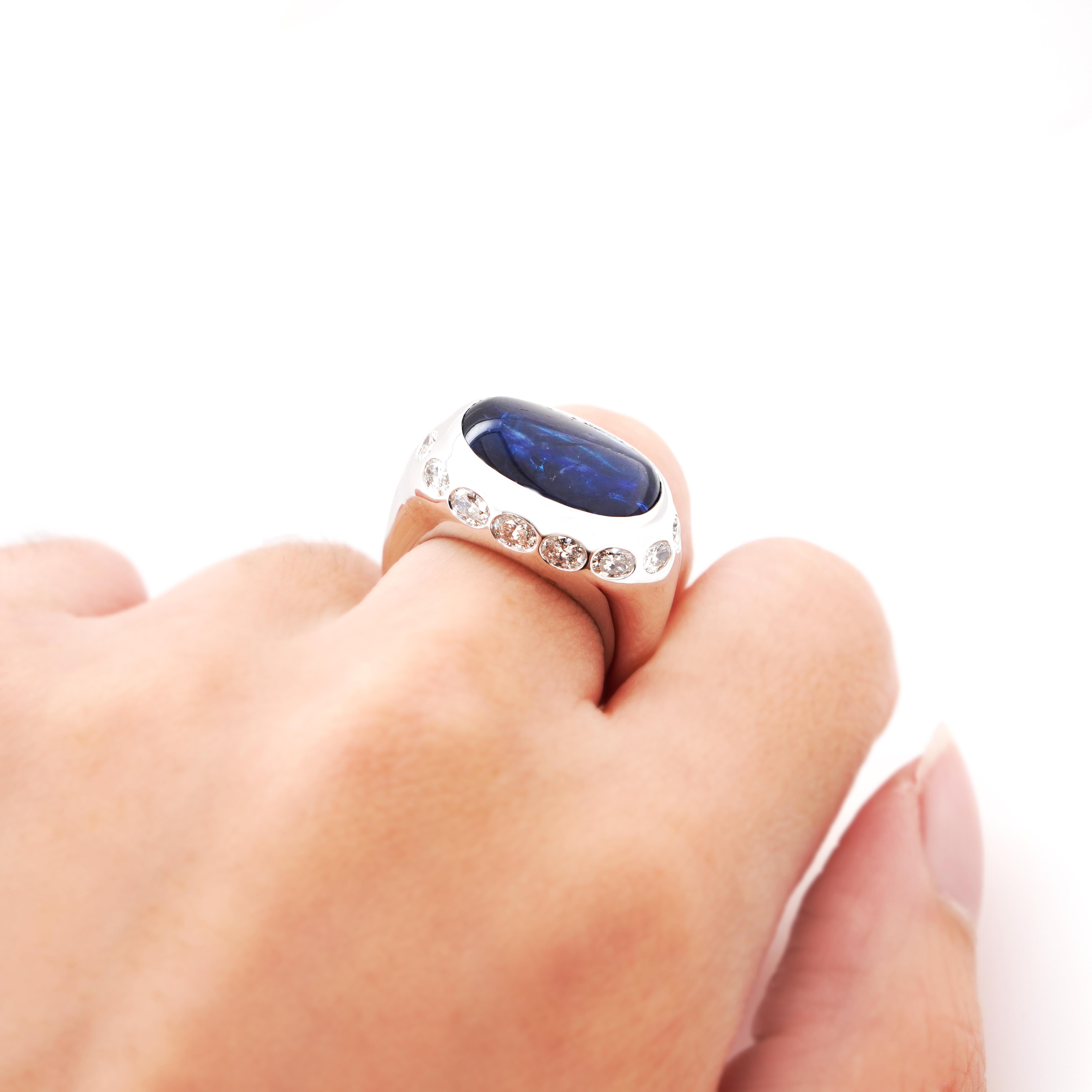 Oval Cut BENJAMIN FINE JEWELRY 7.81 cts Unheated Blue Sapphire with Diamond 18K Ring For Sale