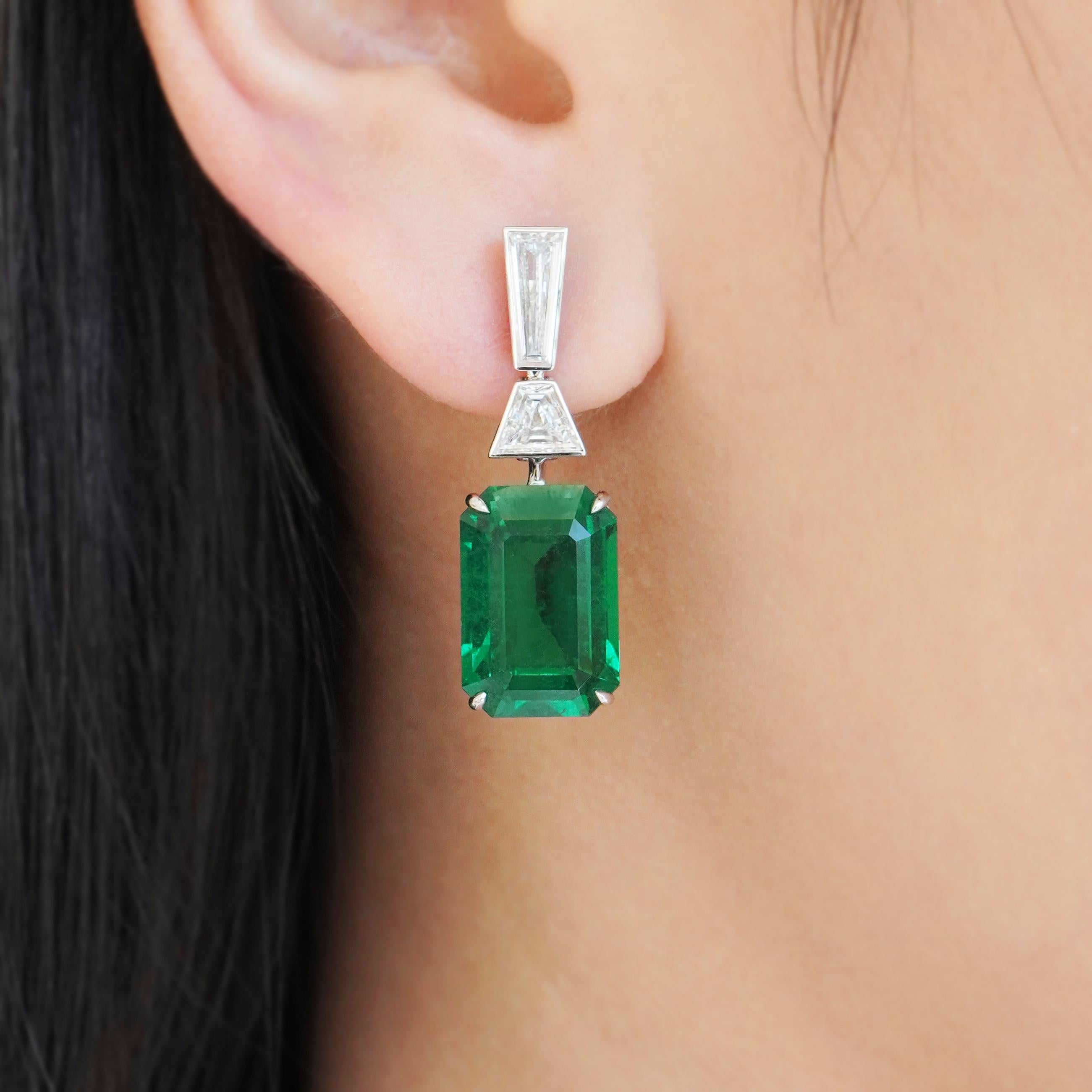 Octagon Cut BENJAMIN FINE JEWELRY 9.22 / 9.14 cts  Emerald with Trapeze Diamond 18K Earrings For Sale