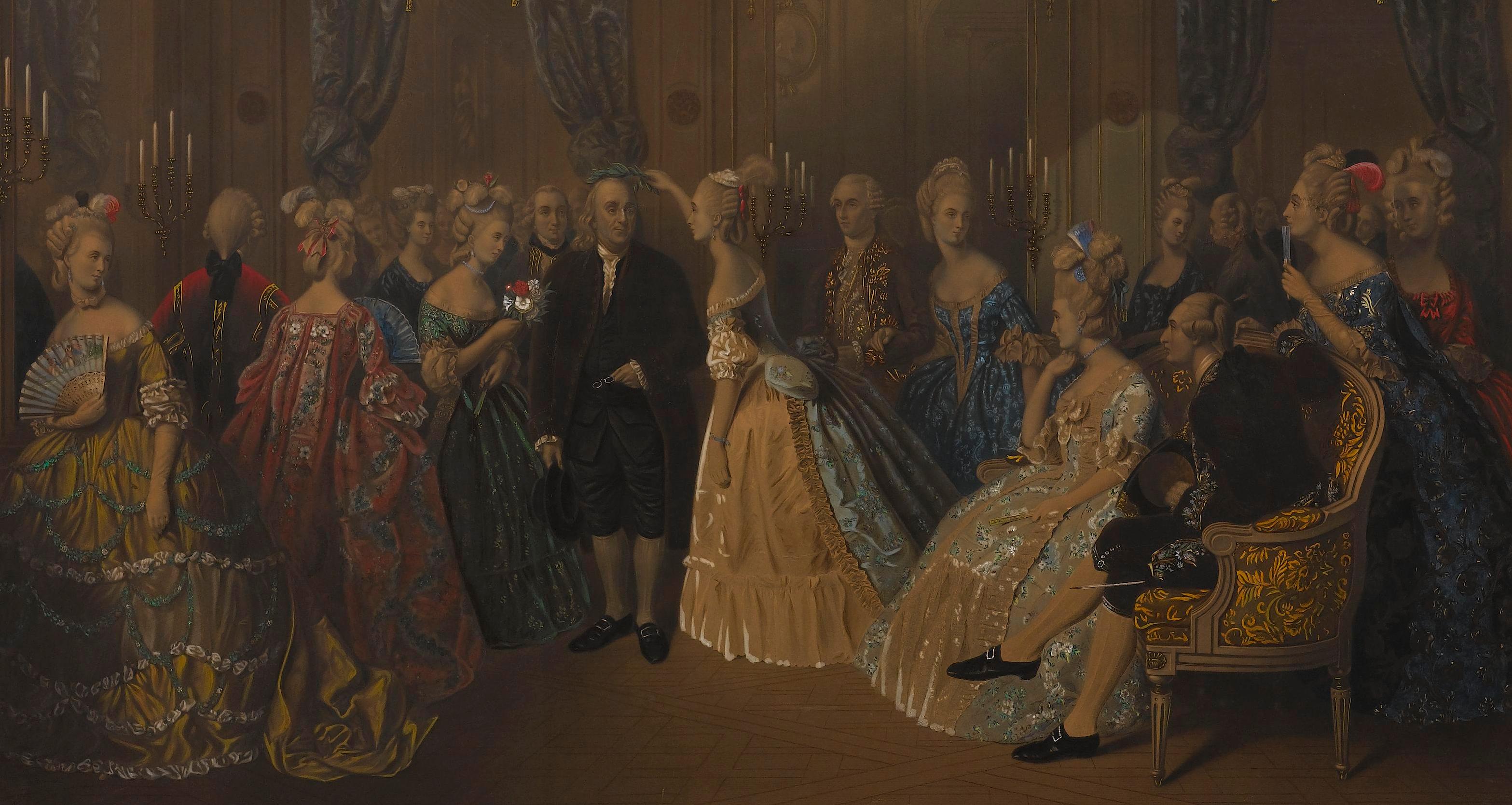 This elegantly hand-colored 1881 engraving by William Overend Geller depicts Benjamin Franklin at the French court. The artist, William Overend Geller, was born in England and a master at several forms of printing including mezzotinting,