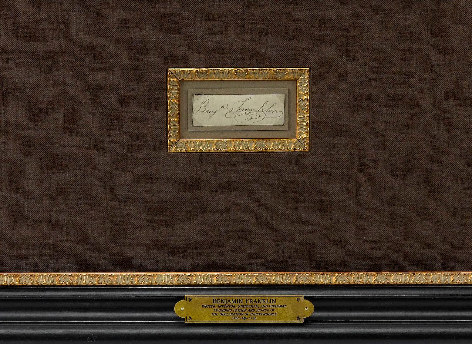 Presented is an original Benjamin Franklin signature, presented framed with an etched portrait of Benjamin Franklin by Jacques Reich. The cut signature reads “Benja. Franklin” with a dramatic flourish, or paraph, on the “n” in Franklin. Franklin